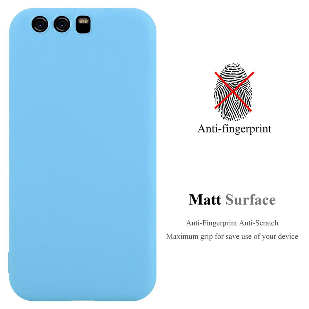 Funda de teléfono azul claro. Texto: Antihuellas, Superficie mate. Fondo: blanco. Funda aislada.
