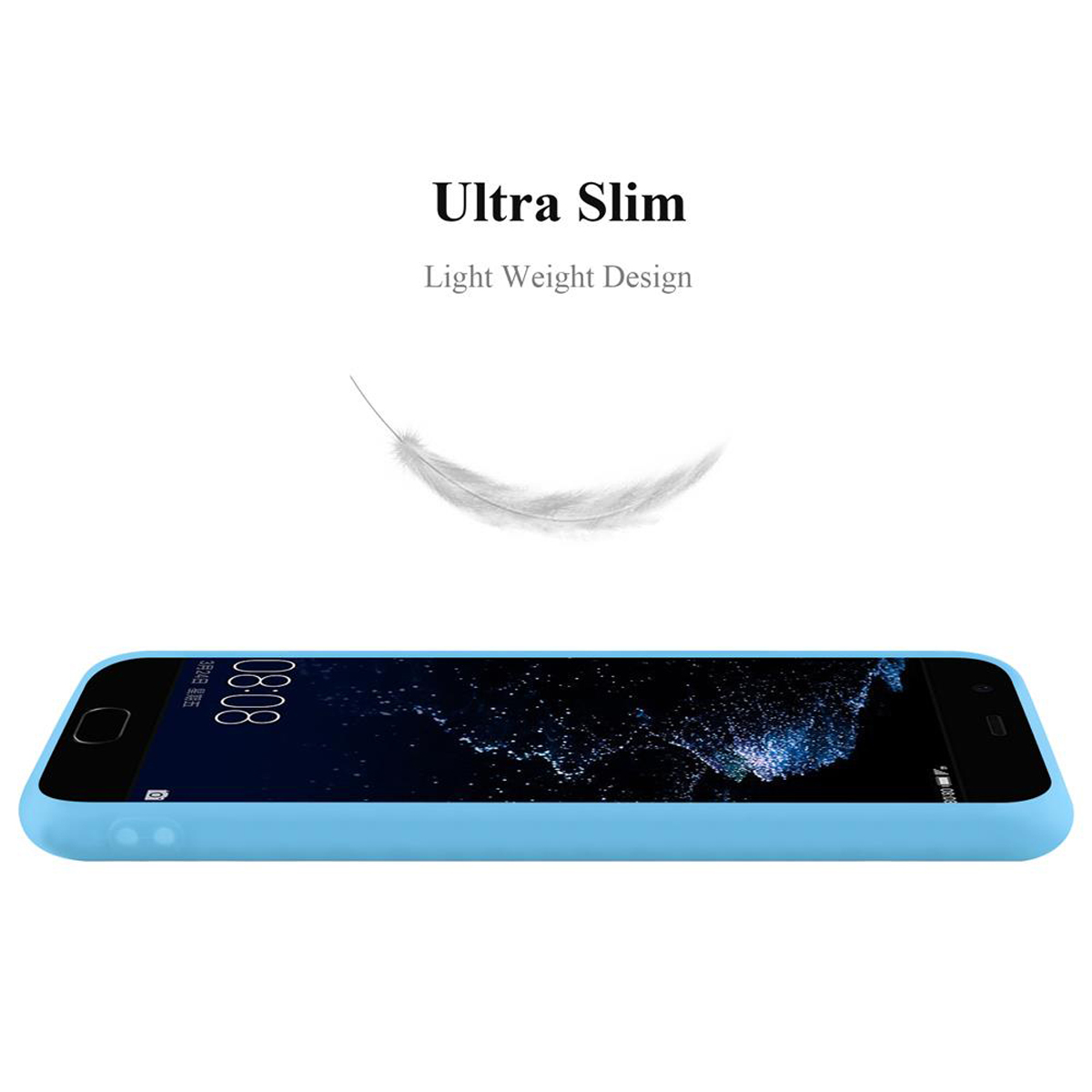 Un teléfono azul claro con una pantalla que muestra la hora. Una pluma blanca flota sobre el teléfono.
