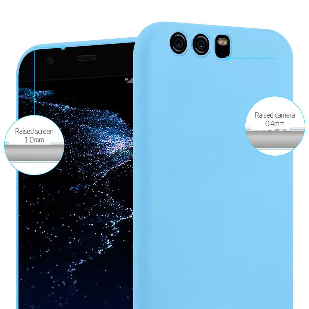 Teléfono azul claro y funda a juego. Detalles de pantalla y cámara elevados, fondo blanco.
