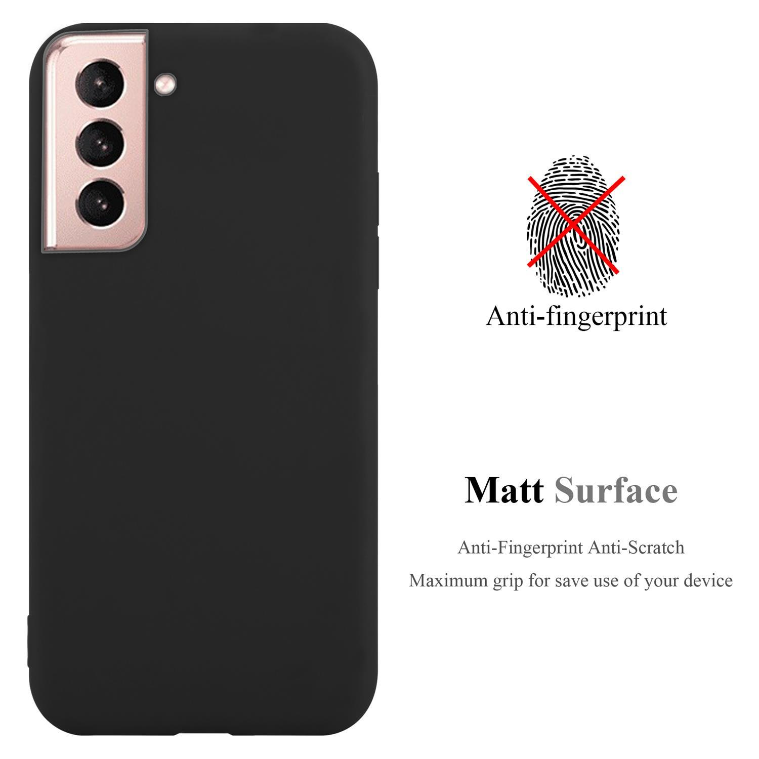 Custodia per telefono nera con tre fotocamere. Testo: Anti-impronta, Superficie opaca. Sfondo: bianco.