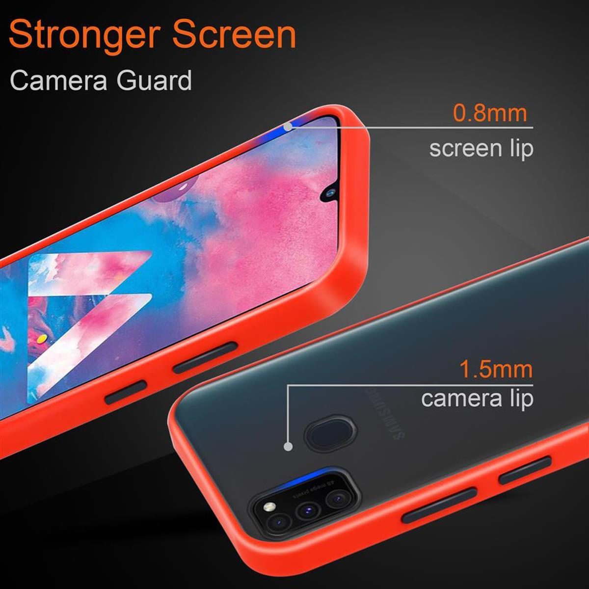 Due custodie per telefoni con bordi arancioni mostrano la protezione dello schermo e della fotocamera.
