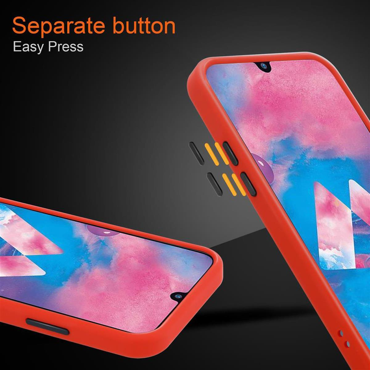 Due custodie per telefono arancioni, che mostrano il design del pulsante separato. Uno è di lato, l'altro è in posizione verticale.