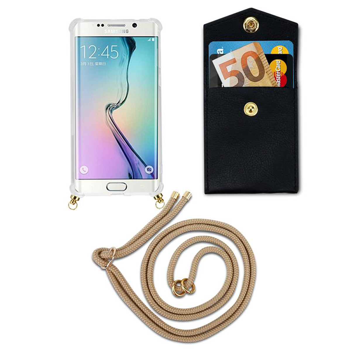 Una custodia per telefono con carte, un telefono e una collana con cordino beige su una superficie bianca. Custodia nera, dettagli dorati.