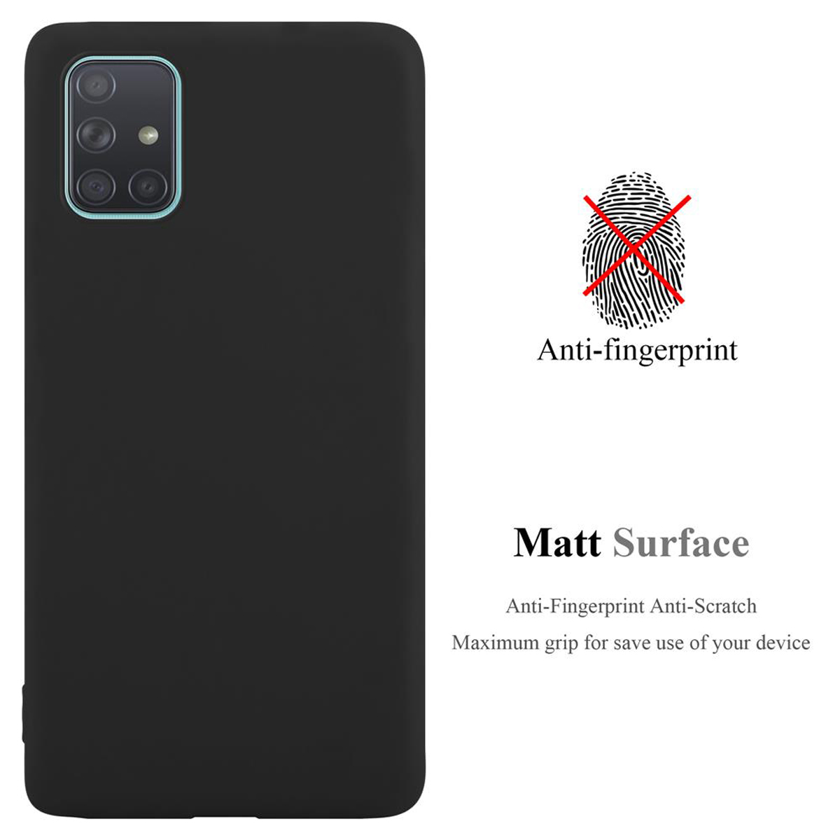 Eine schwarze Handyhülle mit schwarzer Oberfläche. Text sagt 'Anti-Fingerprint' und 'Matt Surface'.