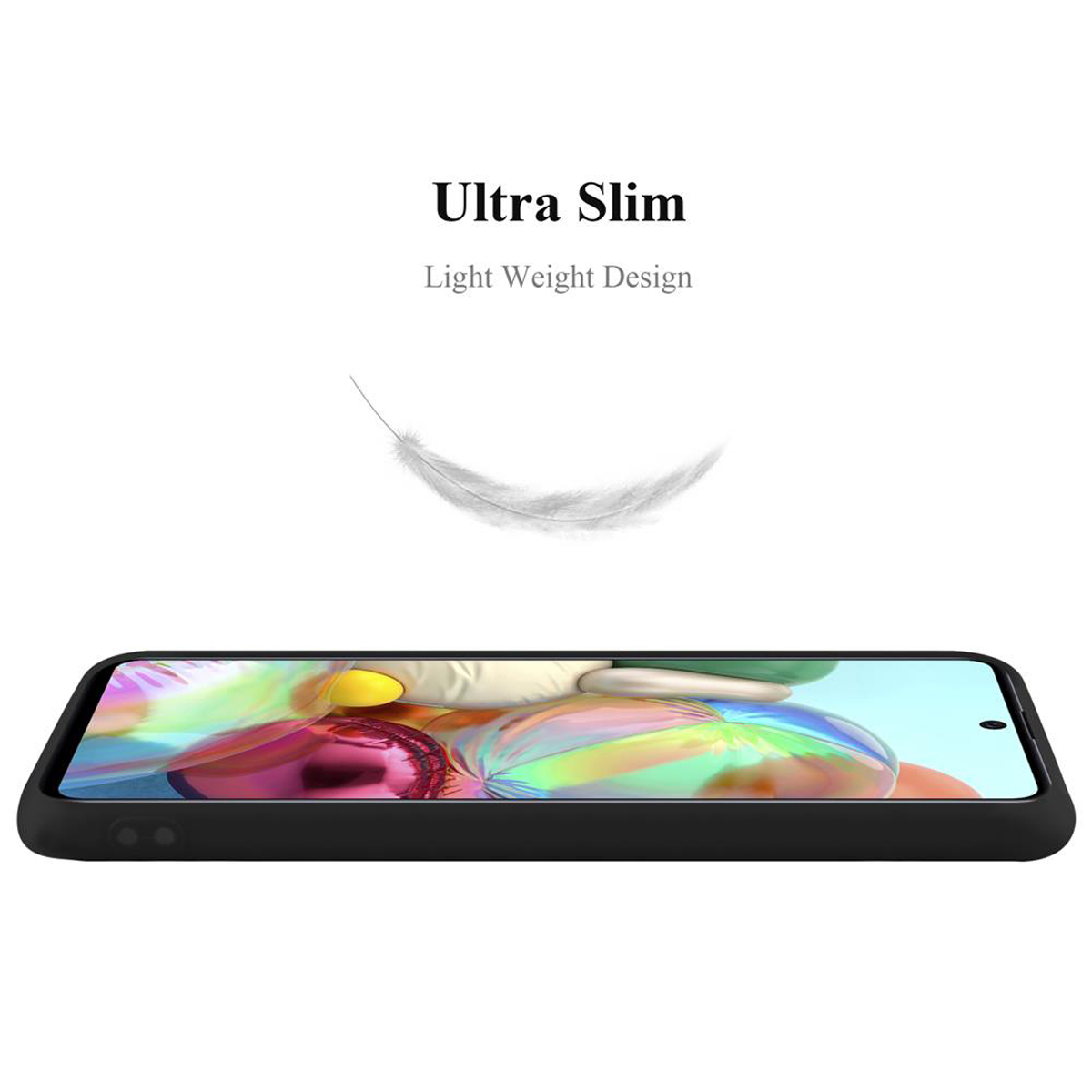 Schwarze Handyhülle auf einem Telefon, leichtes Design, mit einer darüber schwebenden Federgrafik.