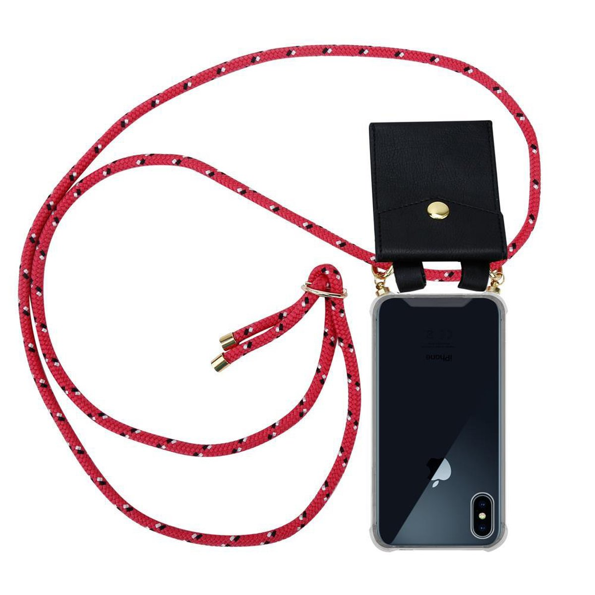 Cinturino rosso per telefono con custodia nera. Il telefono è nella custodia.