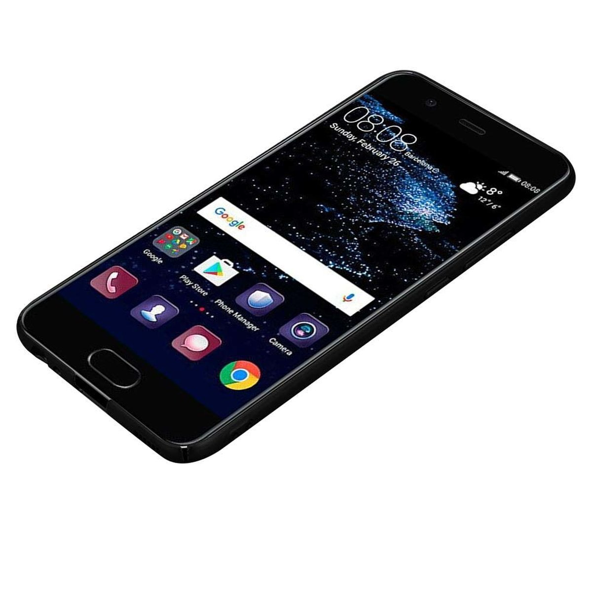 Schwarzes Smartphone mit Anzeige von Uhrzeit, Datum und App-Symbolen.