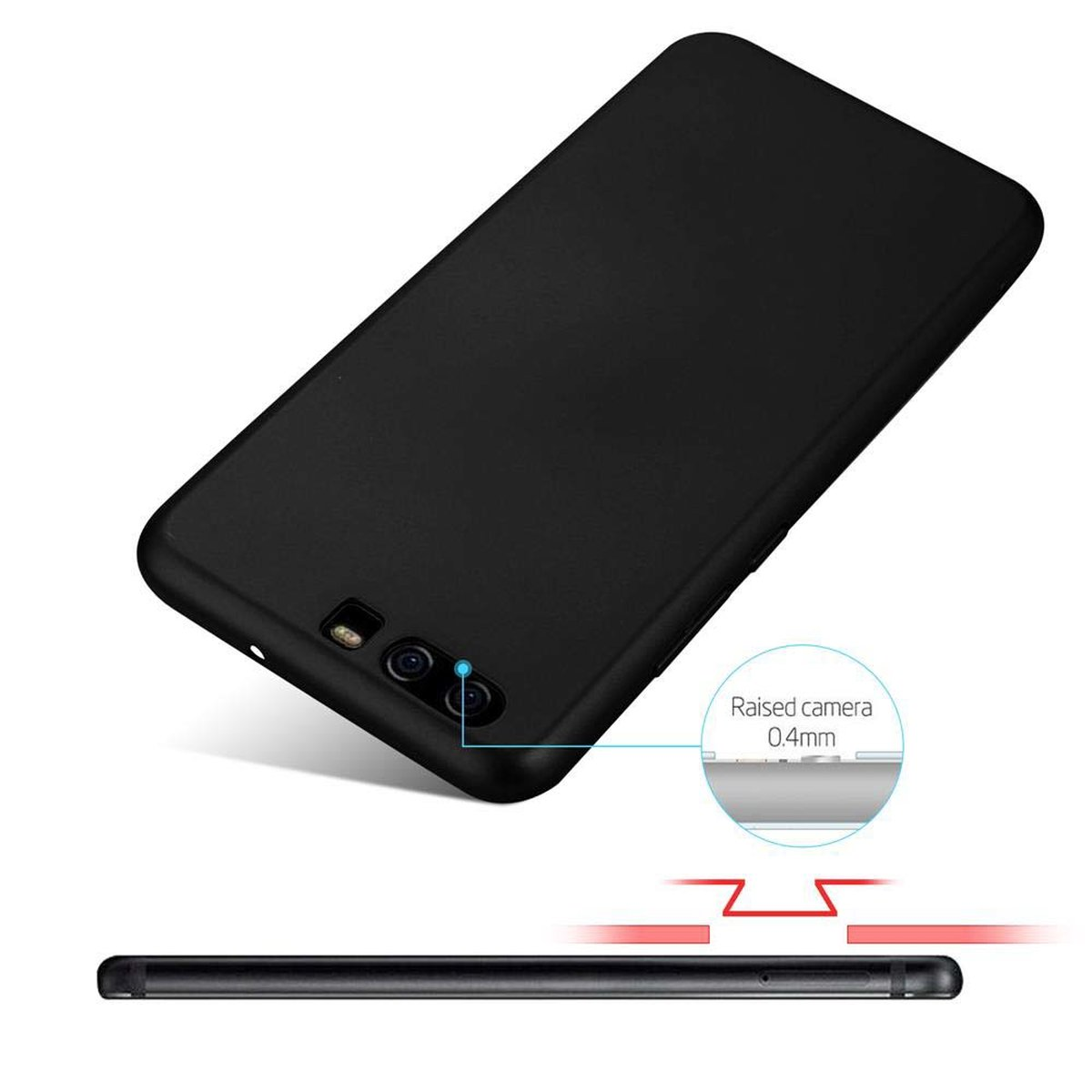 Schwarze Handyhülle mit erhabener Kamera. Diagramm zeigt erhabene Kamera und Telefonprofil.