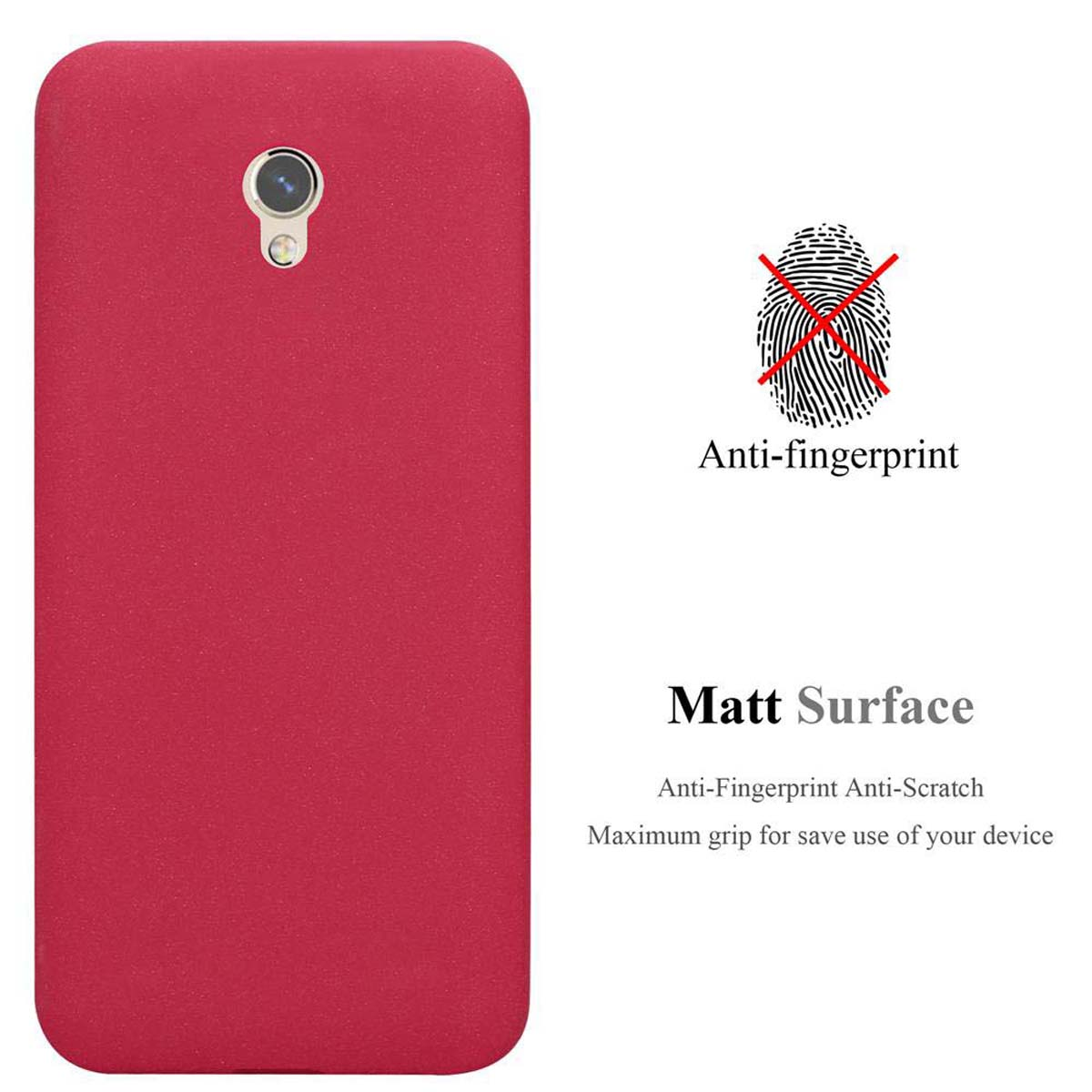 Funda roja para teléfono, se muestra la parte trasera del teléfono. Hay un símbolo de huella dactilar.