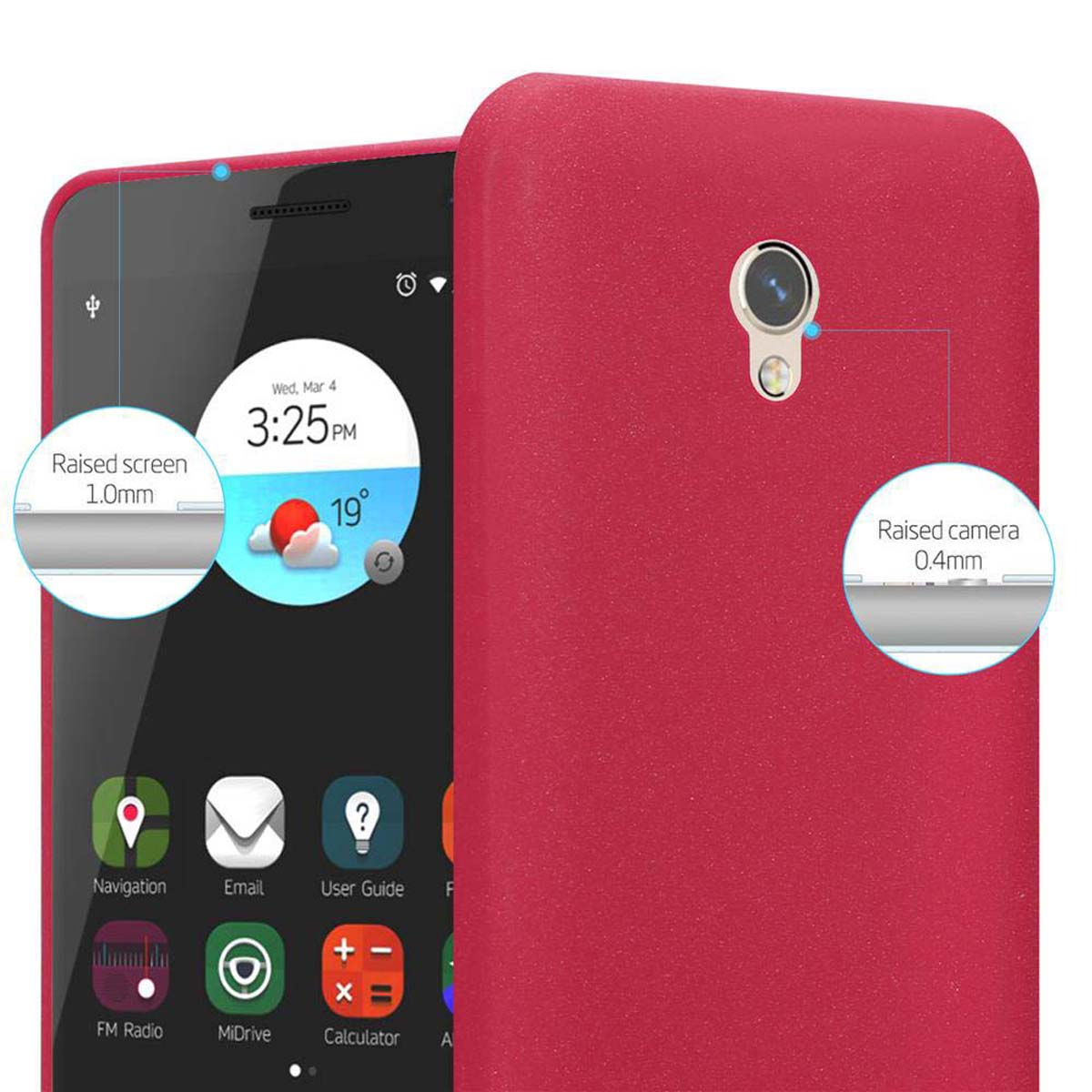 Primer plano de una funda de teléfono roja con detalles de pantalla y cámara, mostrando fecha y hora.