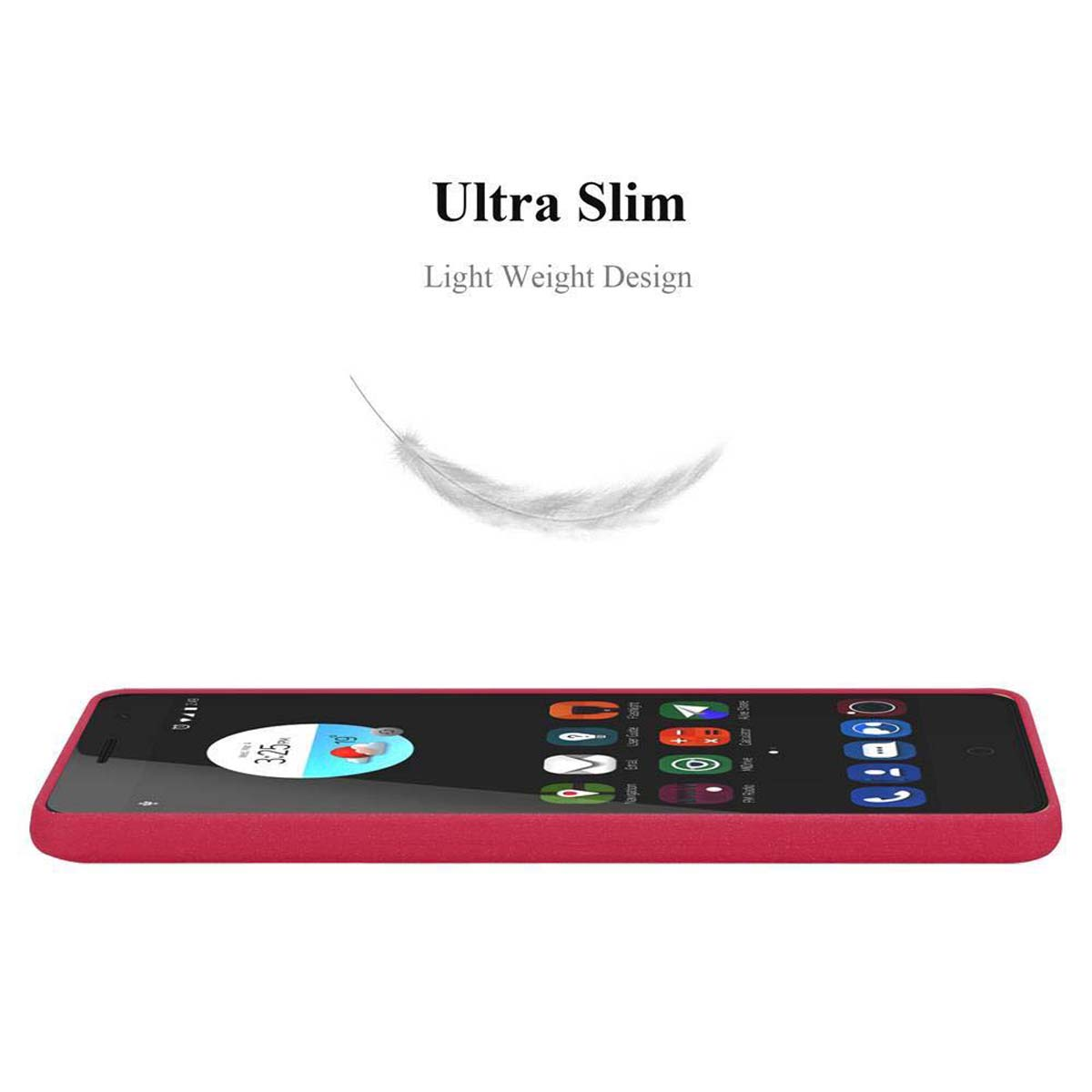 Funda de teléfono roja. Texto: Ultra delgado, diseño ligero. Smartphone sobre fondo blanco.