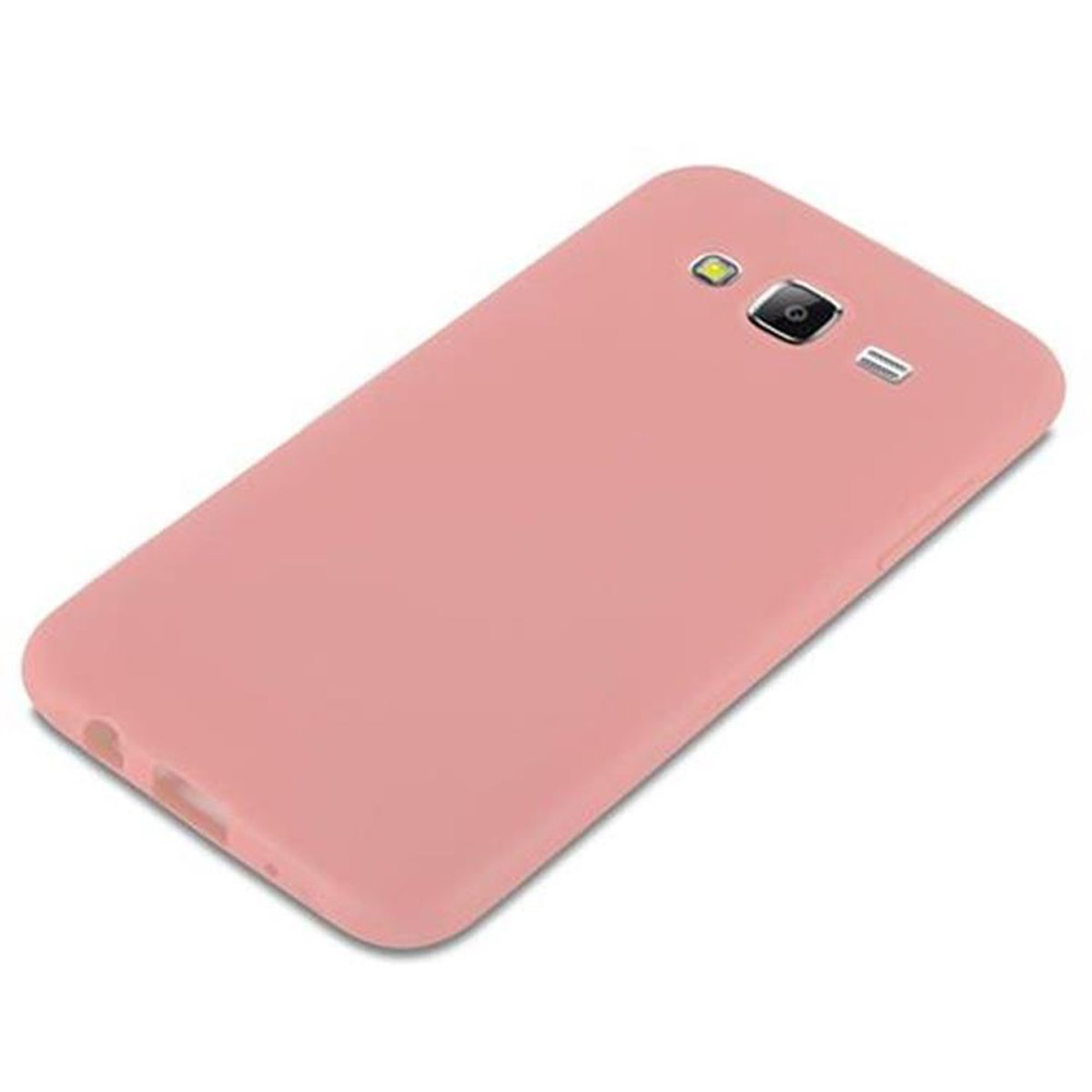 Funda de teléfono rosa. La funda está sobre una superficie blanca.