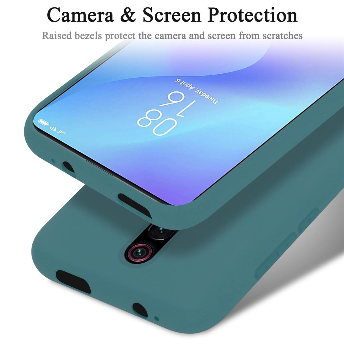Custodia per telefono verde acqua con schermo. Testo: Protezione fotocamera e schermo.