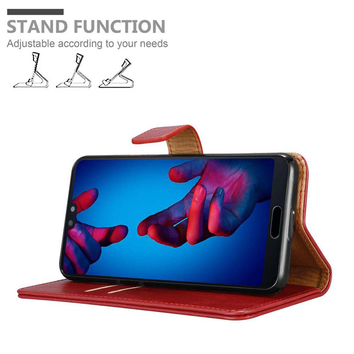 Custodia rossa con telefono. Schermo mostra mani colorate. Testo: 'Funzione supporto'.