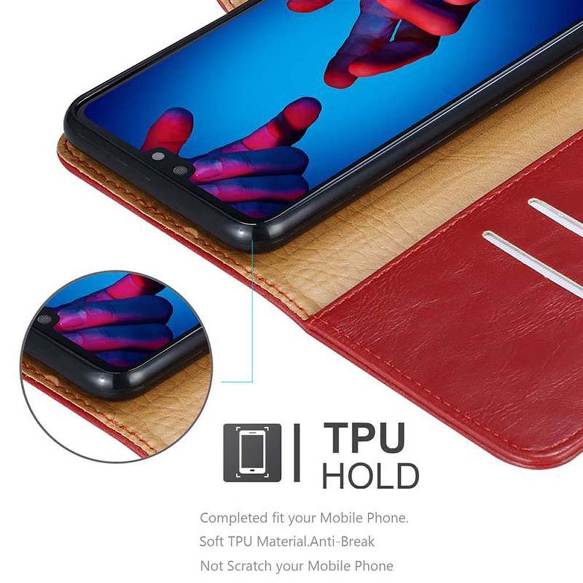 Custodia per telefono in pelle marrone e rossa, con testo TPU HOLD e un telefono.