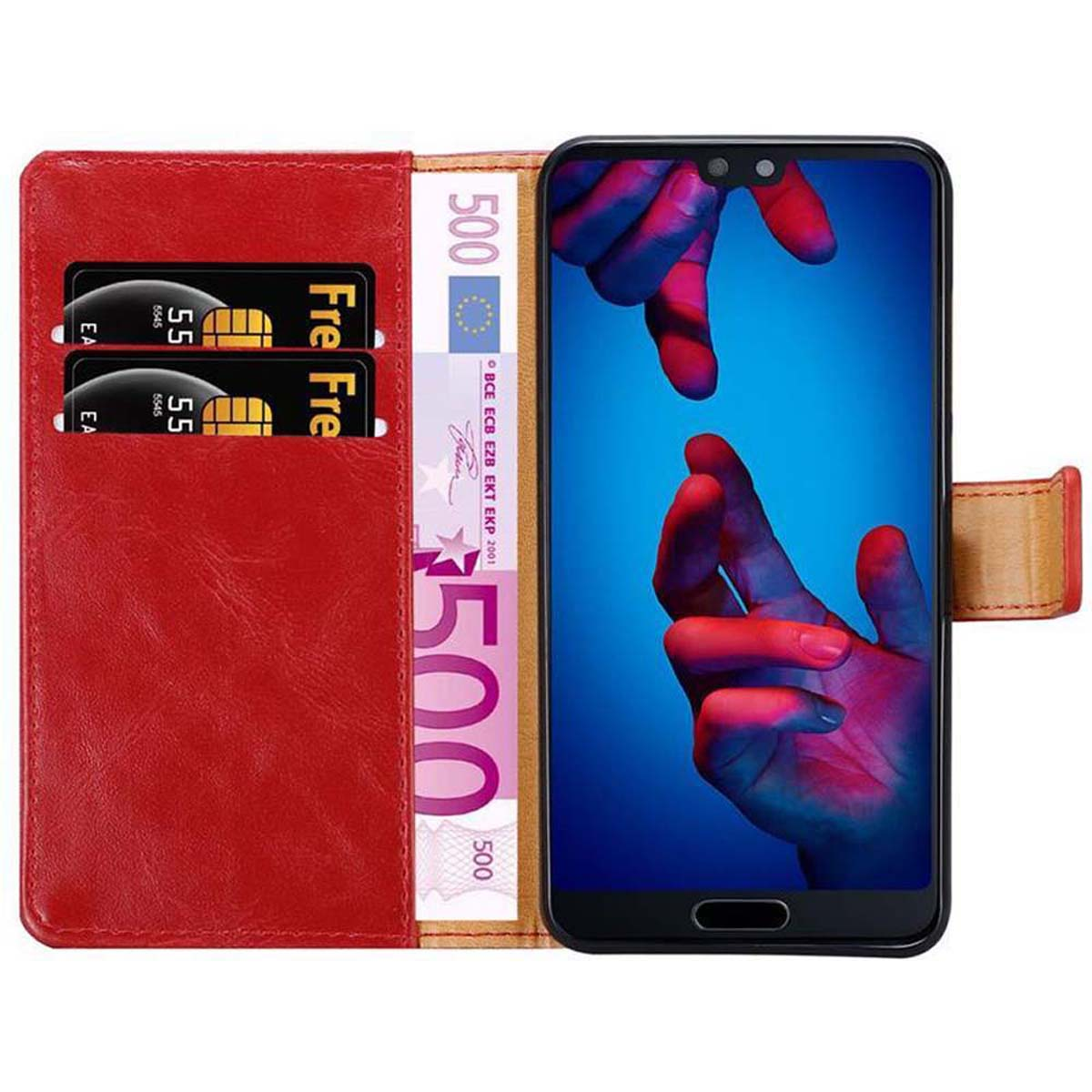 Portafoglio rosso con carte e banconote in euro e un telefono. Sfondo blu, il telefono ha le mani sopra.