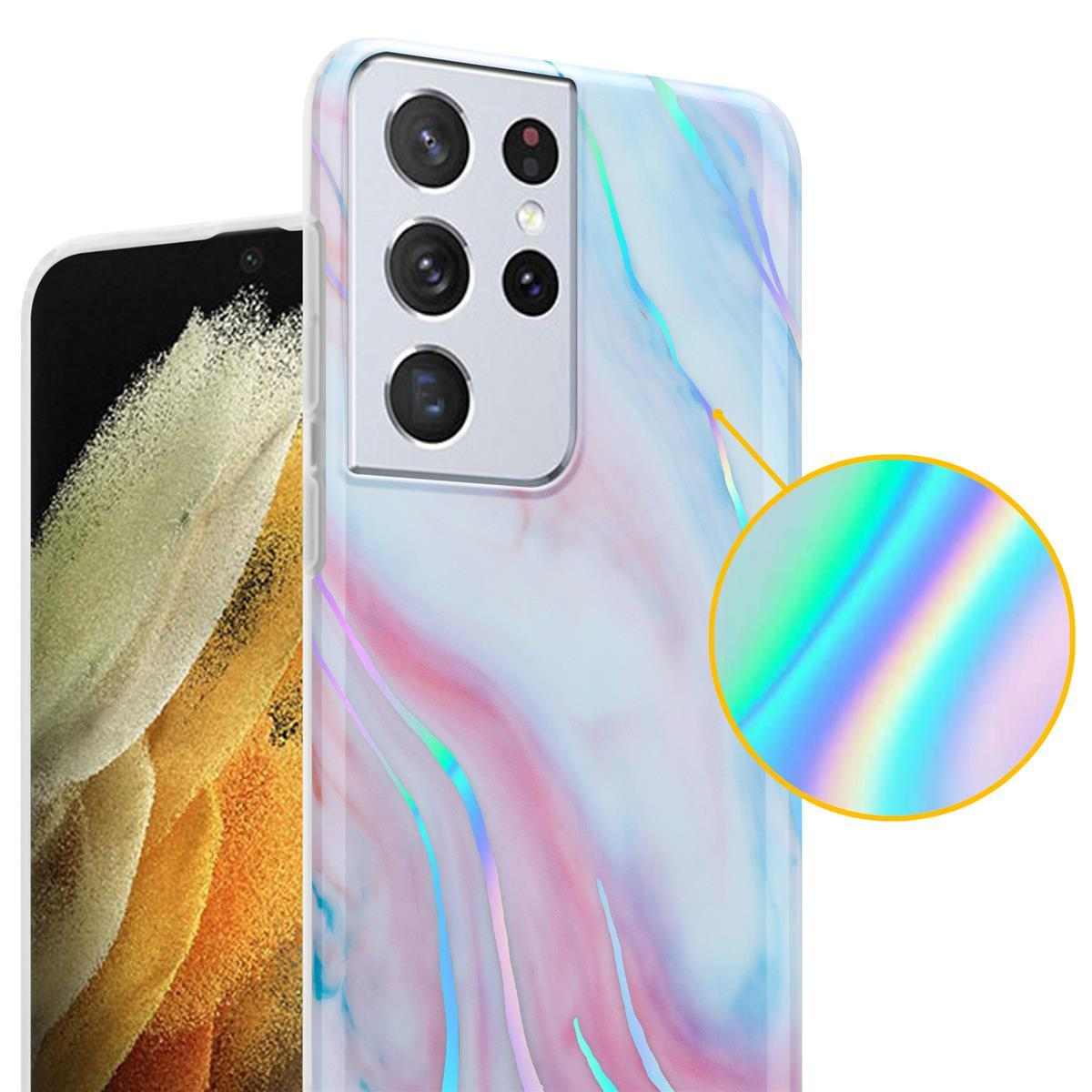 Una custodia per telefono con un design marmorizzato e un effetto olografico sul retro, con vista zoom.