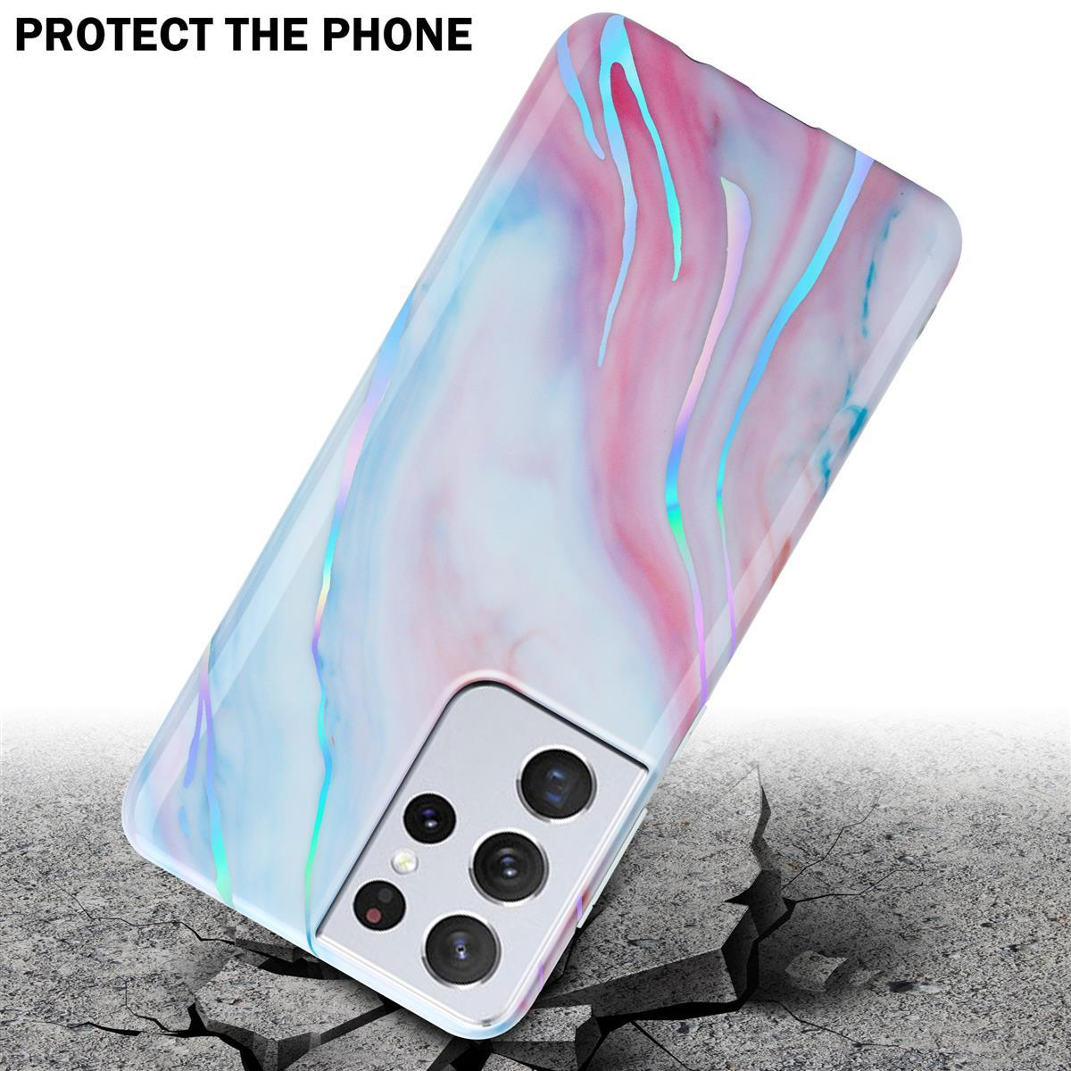 Una custodia per telefono con un design marmorizzato è inclinata. La custodia è bianca con blu e rosa.