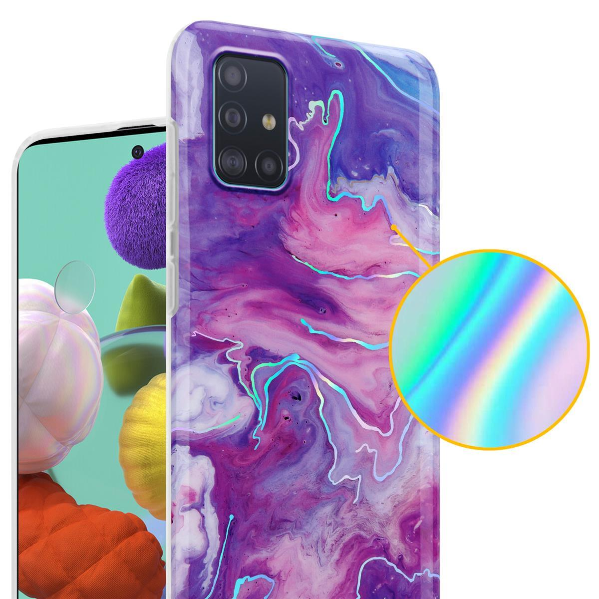Custodia per telefono con design a marmo viola ed effetto arcobaleno ravvicinato.