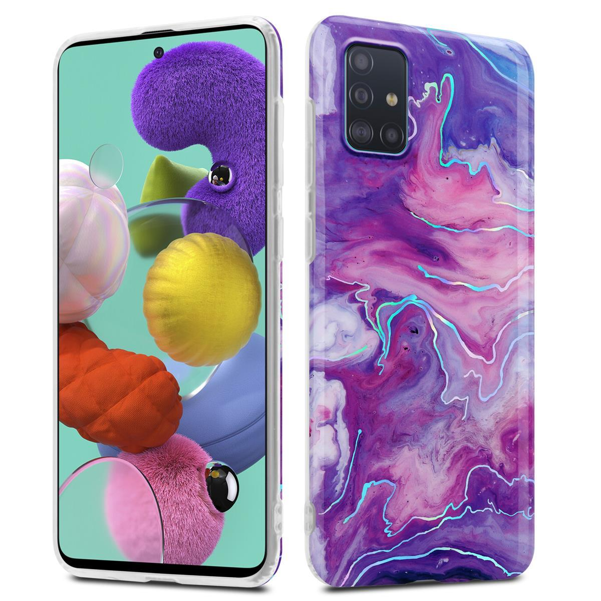 Due custodie per telefono, una su un telefono, con arte astratta colorata. L'altro lato è la custodia con l'arte.