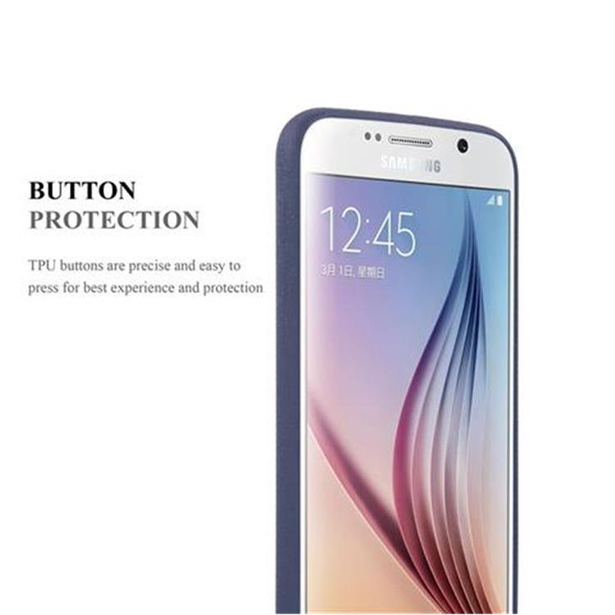 Primo piano di un telefono. Il telefono è blu con uno schermo bianco che mostra le 12:45.