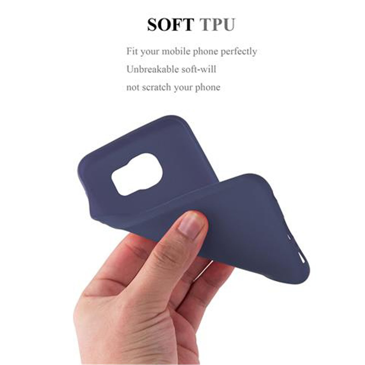 Mano che tiene una custodia blu flessibile. Testo: TPU morbido, si adatta perfettamente, infrangibile, non graffia.