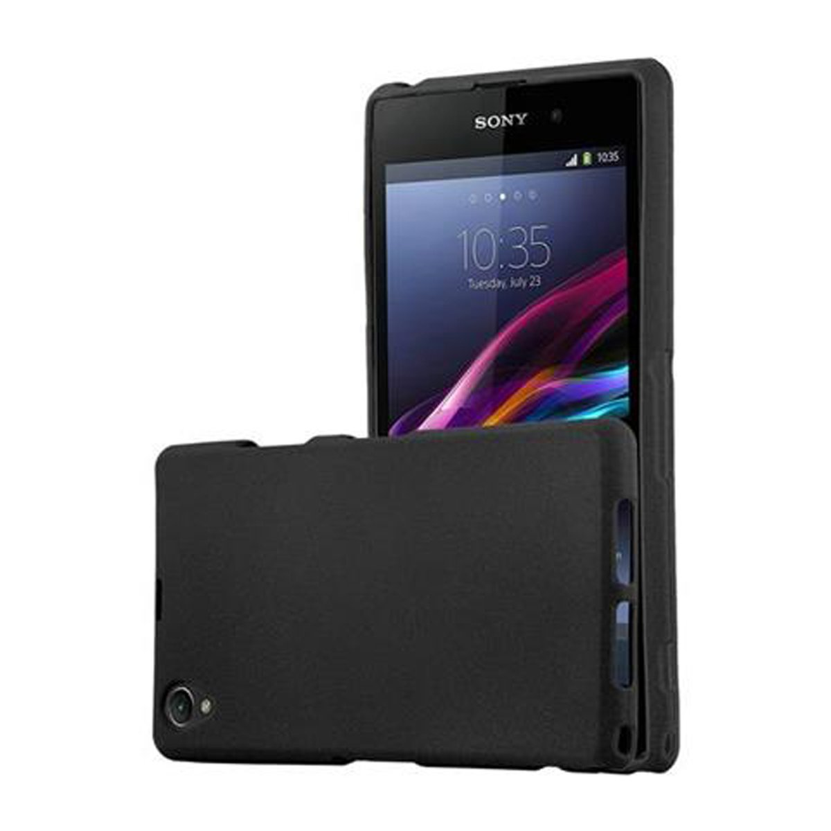 Funda de teléfono negra con un teléfono dentro. Funda negra con un teléfono al lado.