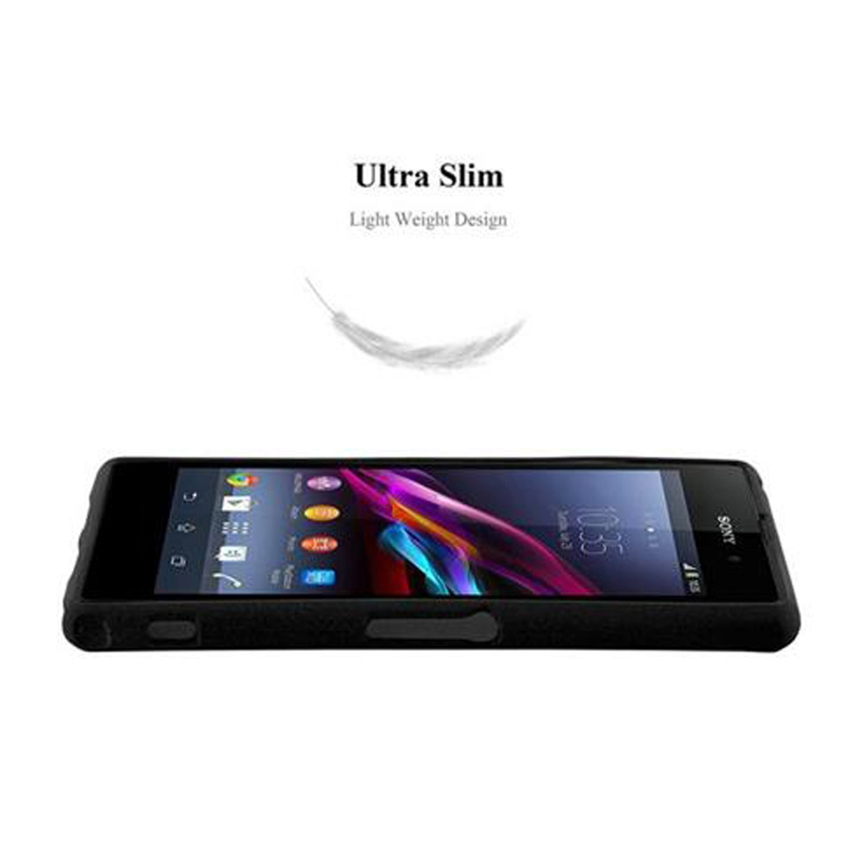 Una funda de teléfono azul sobre un fondo blanco, con las palabras "Ultra Slim" y una pluma.