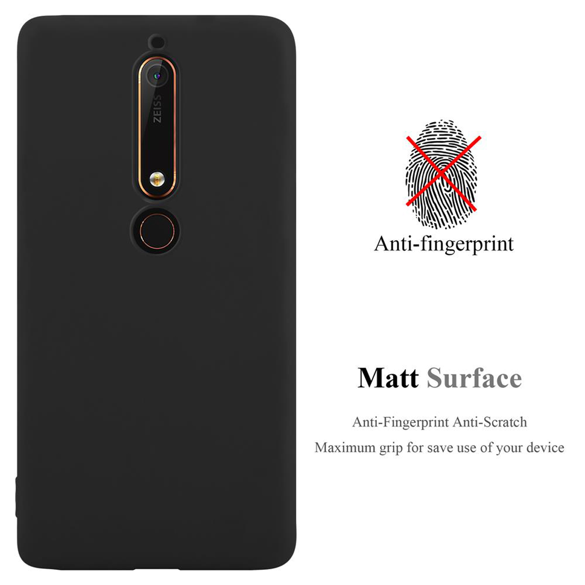 Custodia del telefono nera con un simbolo di impronta digitale sbarrato. Il testo dice 'Anti-fingerprint' e 'Matt Surface'.