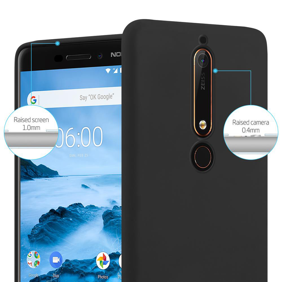 Un telefono nero con custodia. Lo schermo e la fotocamera sono evidenziati.