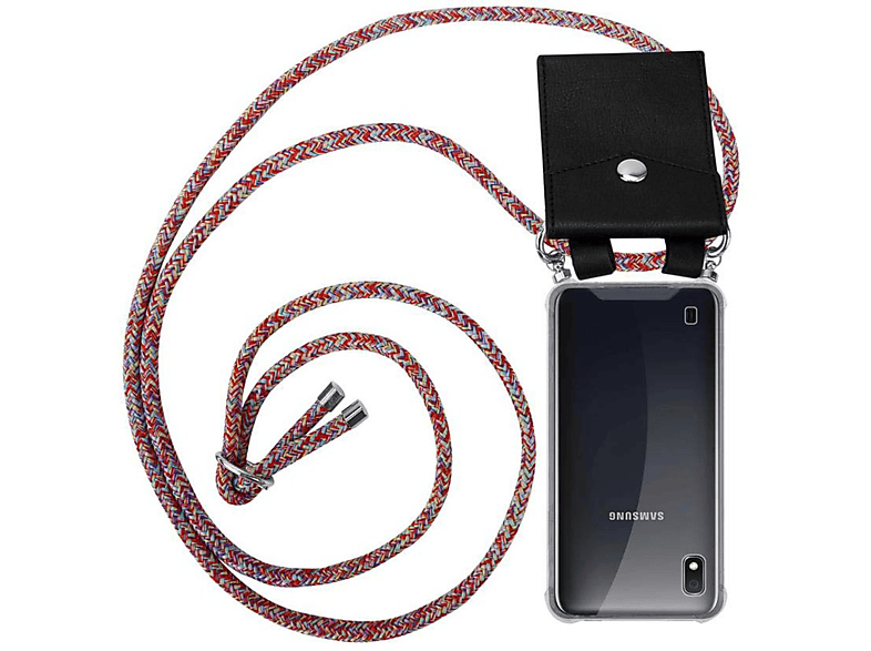 CADORABO Handy Kette mit Silber Ringen, Kordel Band und abnehmbarer Hülle, Backcover, Samsung, Galaxy A10 / M10, COLORFUL PARROT