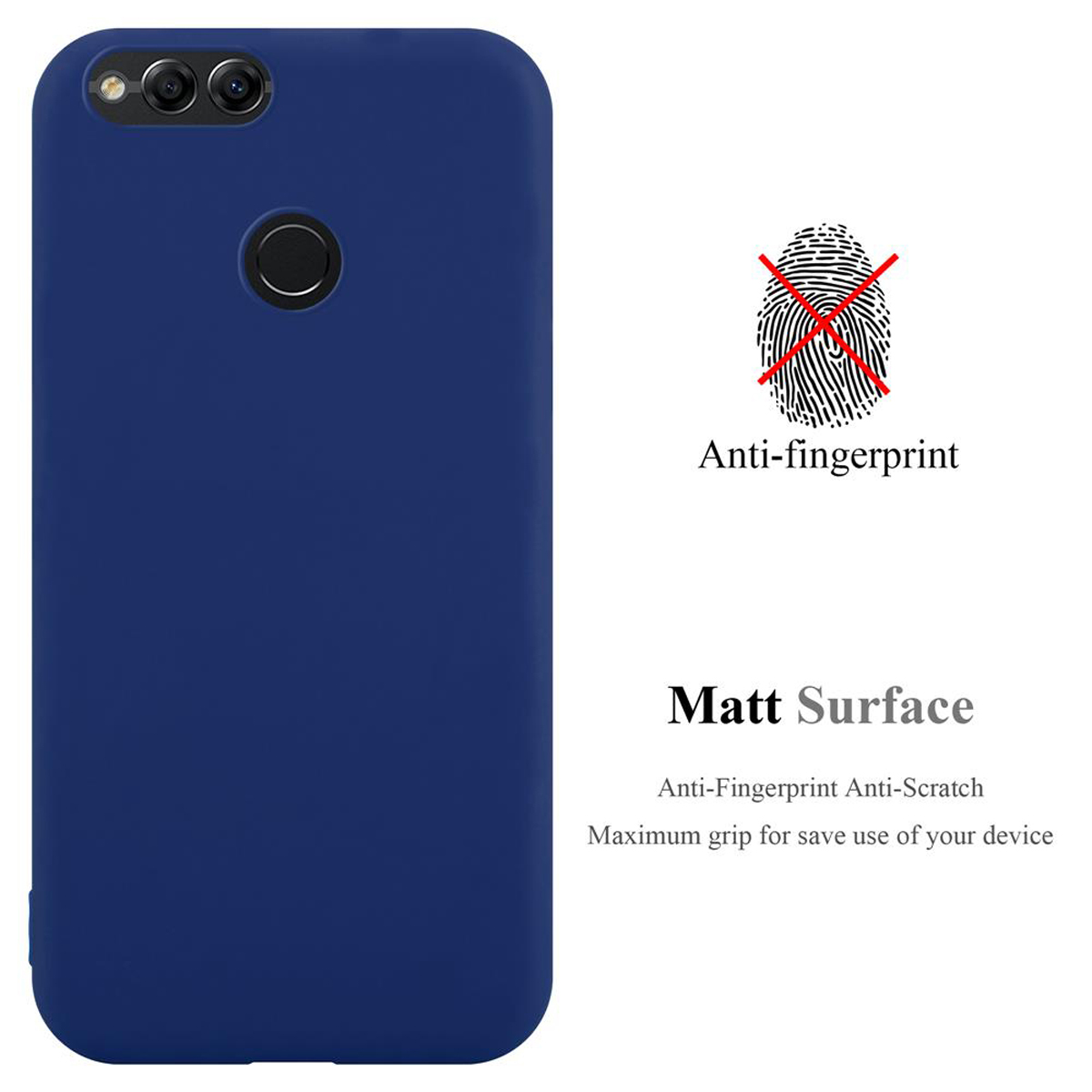 Custodia per telefono blu con testo: Anti-impronte digitali, Superficie opaca e Anti-graffio. Sfondo bianco.