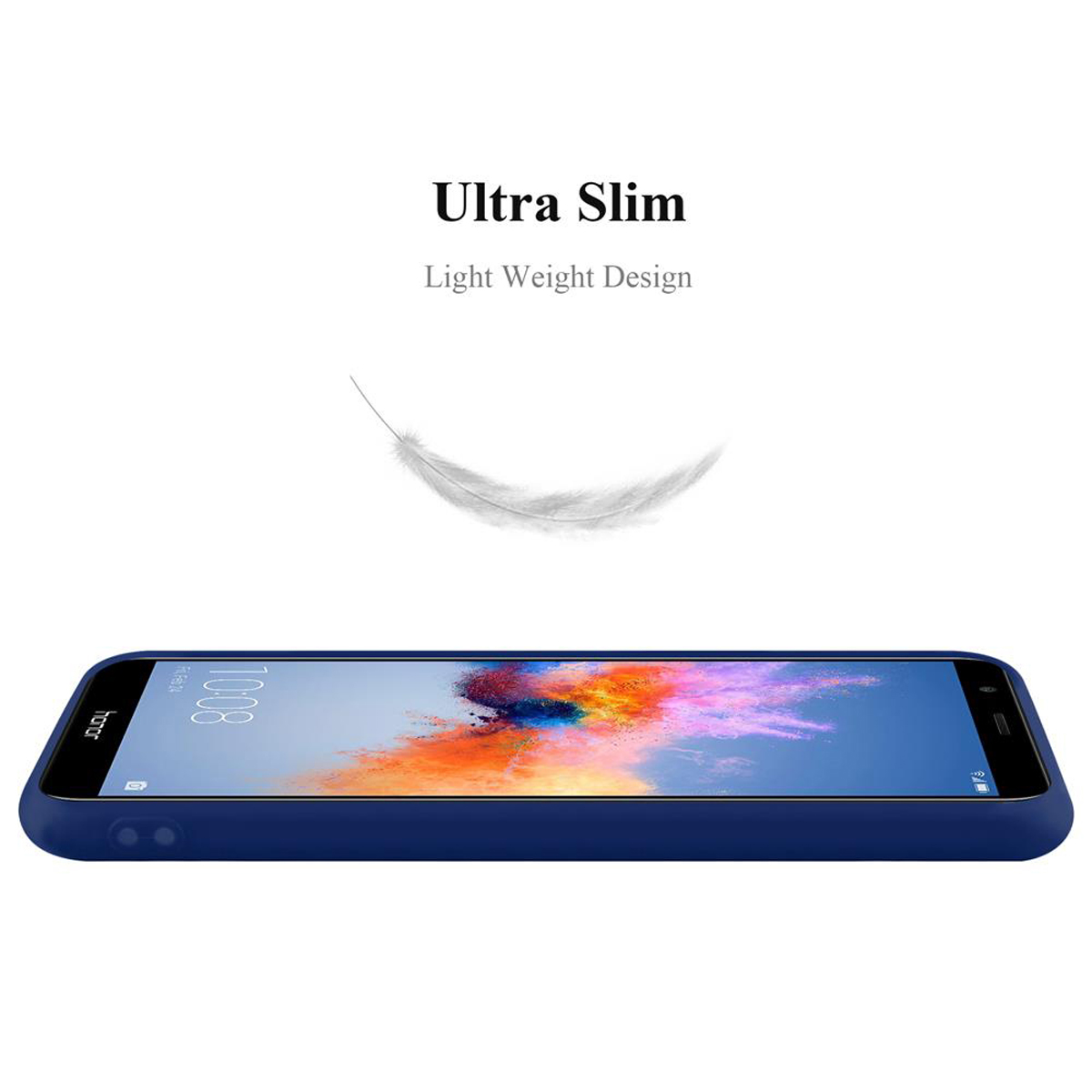 Custodia blu per telefono con una piuma che fluttua sopra. Il testo dice: 'Ultra Sottile'.