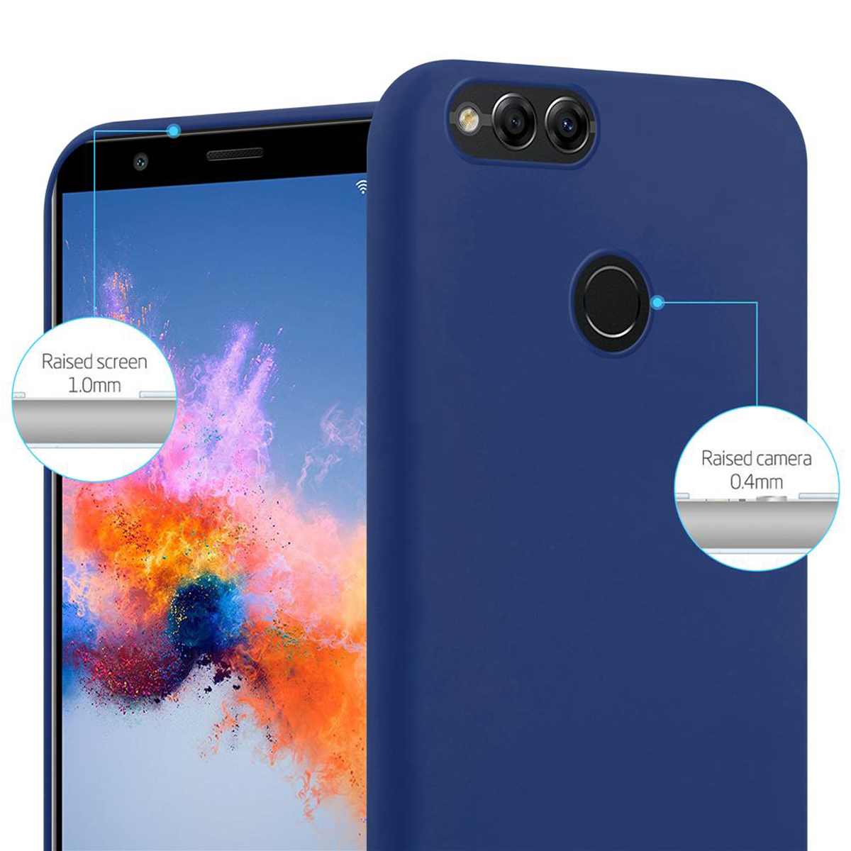 Custodia blu con dettagli schermo e fotocamera rialzati. Mostra schermo e lente rialzati.