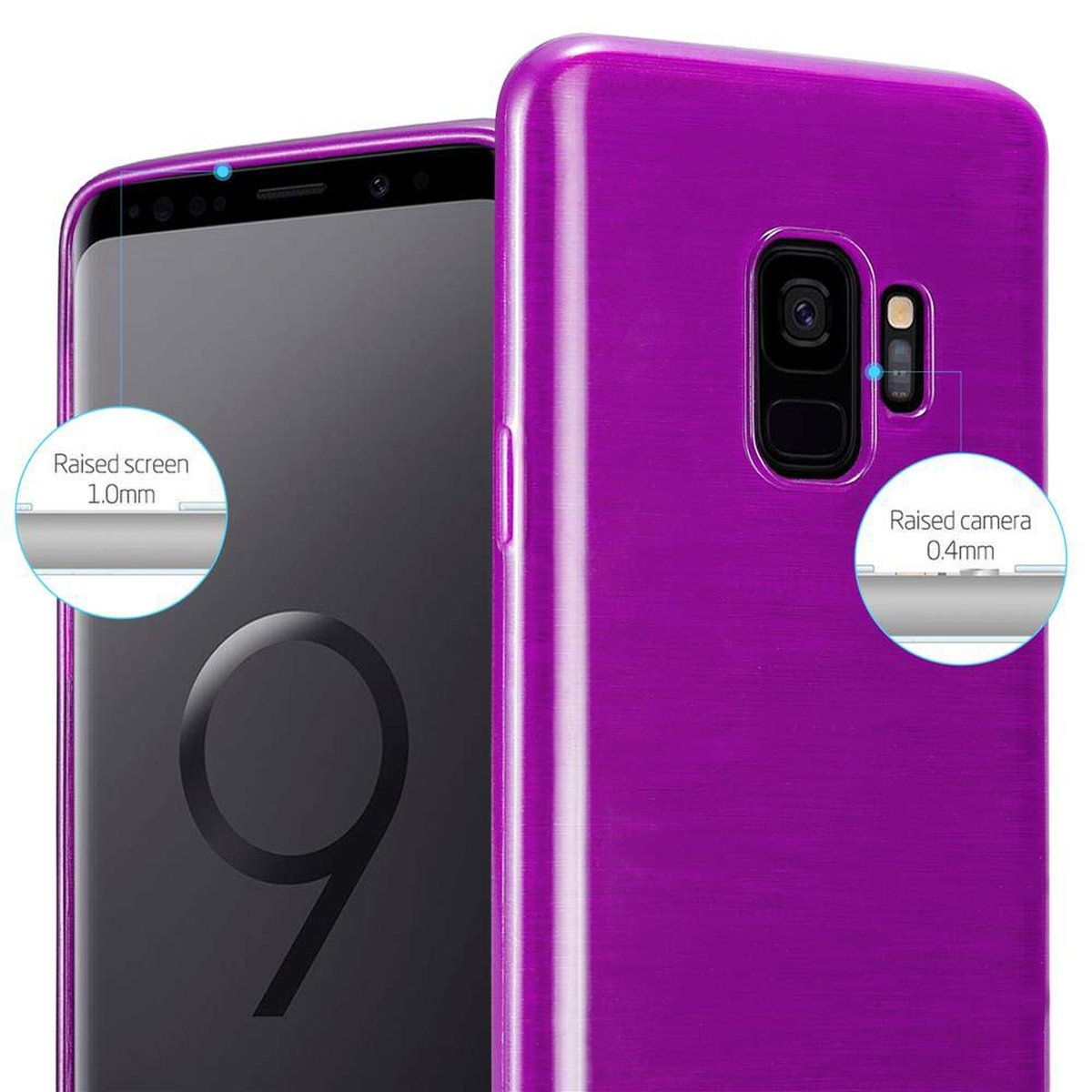 Due custodie per telefono: viola, con dettagli schermo e fotocamera rialzati. Testo: 'Schermo rialzato 1,0 mm'.