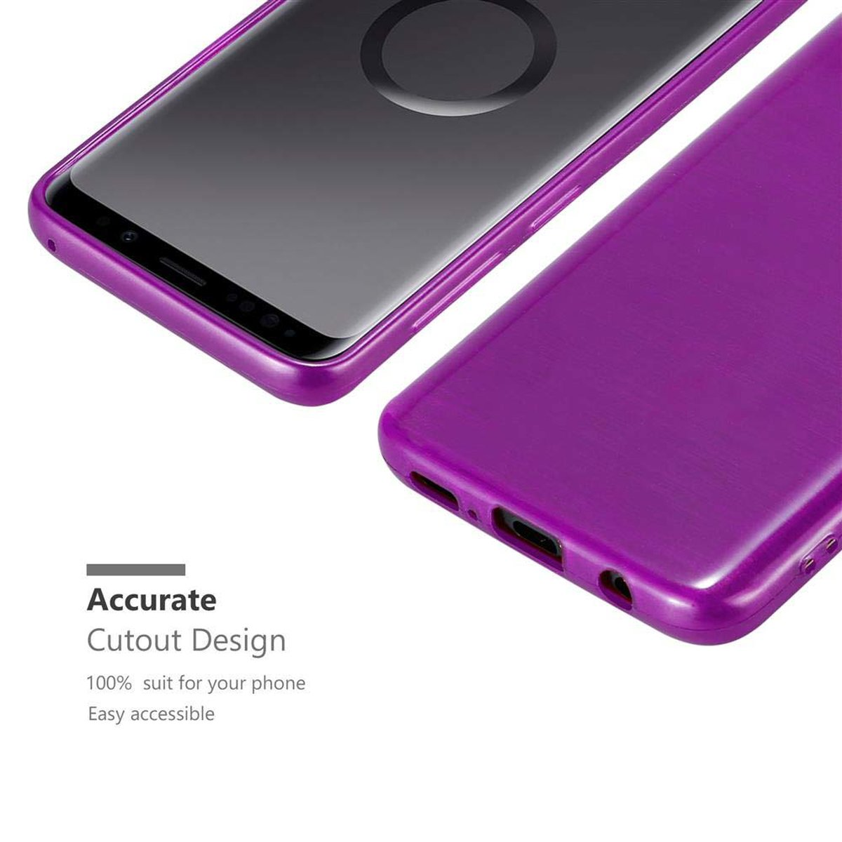 Custodia viola con telefono dentro. Testo: Design preciso, 100% adatto al tuo telefono.