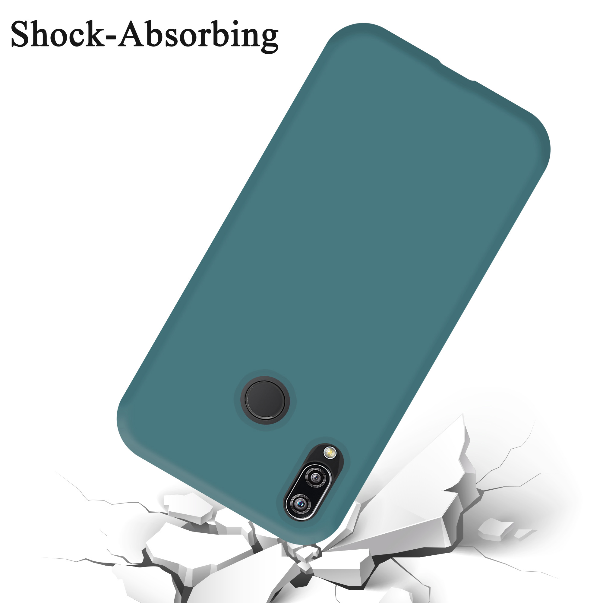 Eine teal Handyhülle mit dem Text „Stoßdämpfend“ darüber. Ein zerbrochener Boden wird gezeigt.