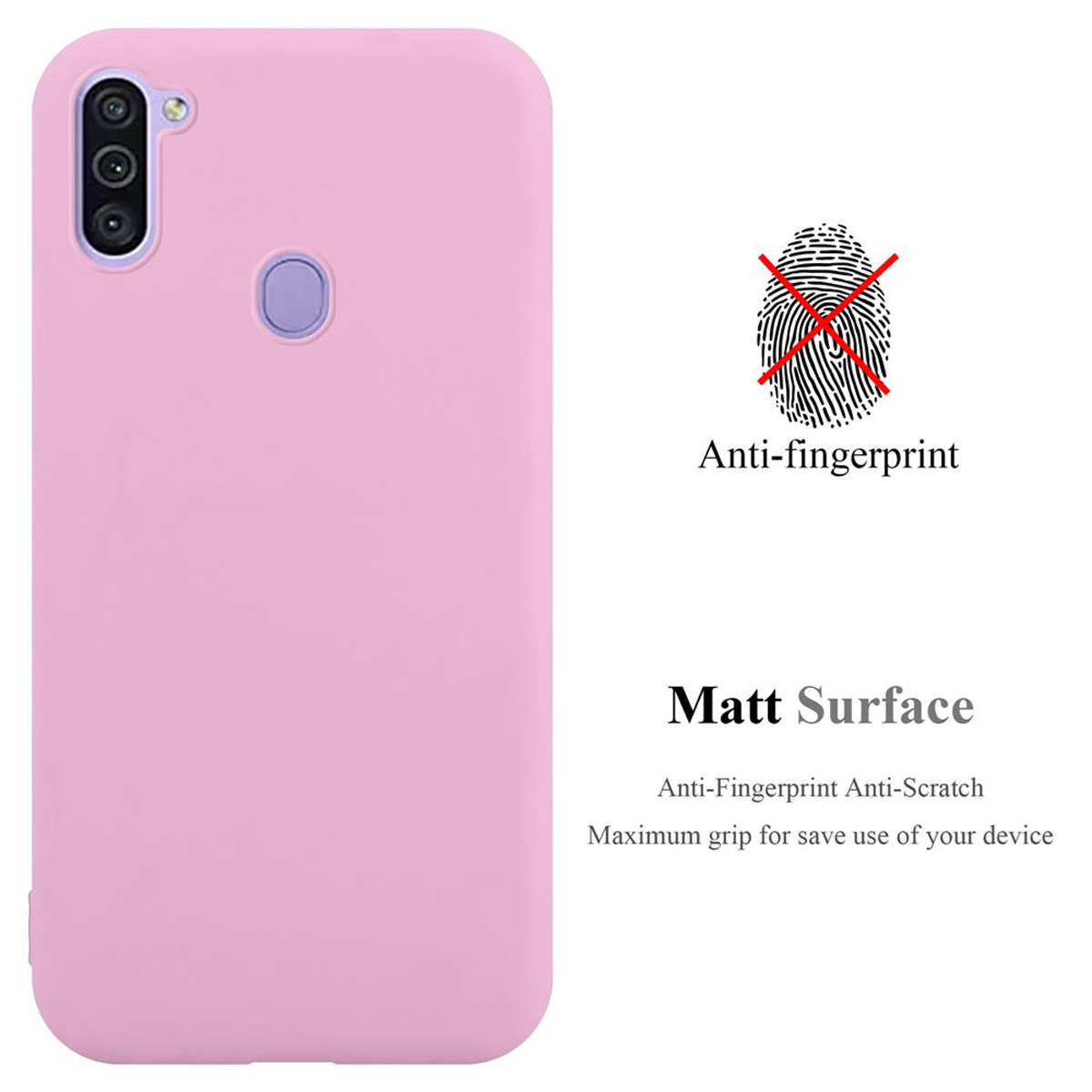 Una custodia per telefono rosa con il testo 'Anti-fingerprint' e 'Matt Surface'.