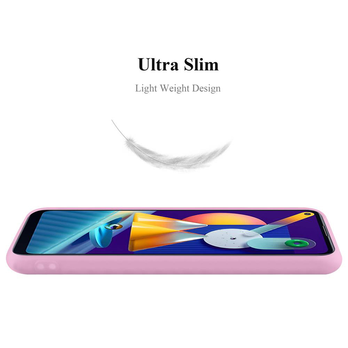 Una custodia per telefono rosa è appoggiata su una superficie bianca. In alto c'è la scritta 'Ultra Slim, Light Weight Design'.