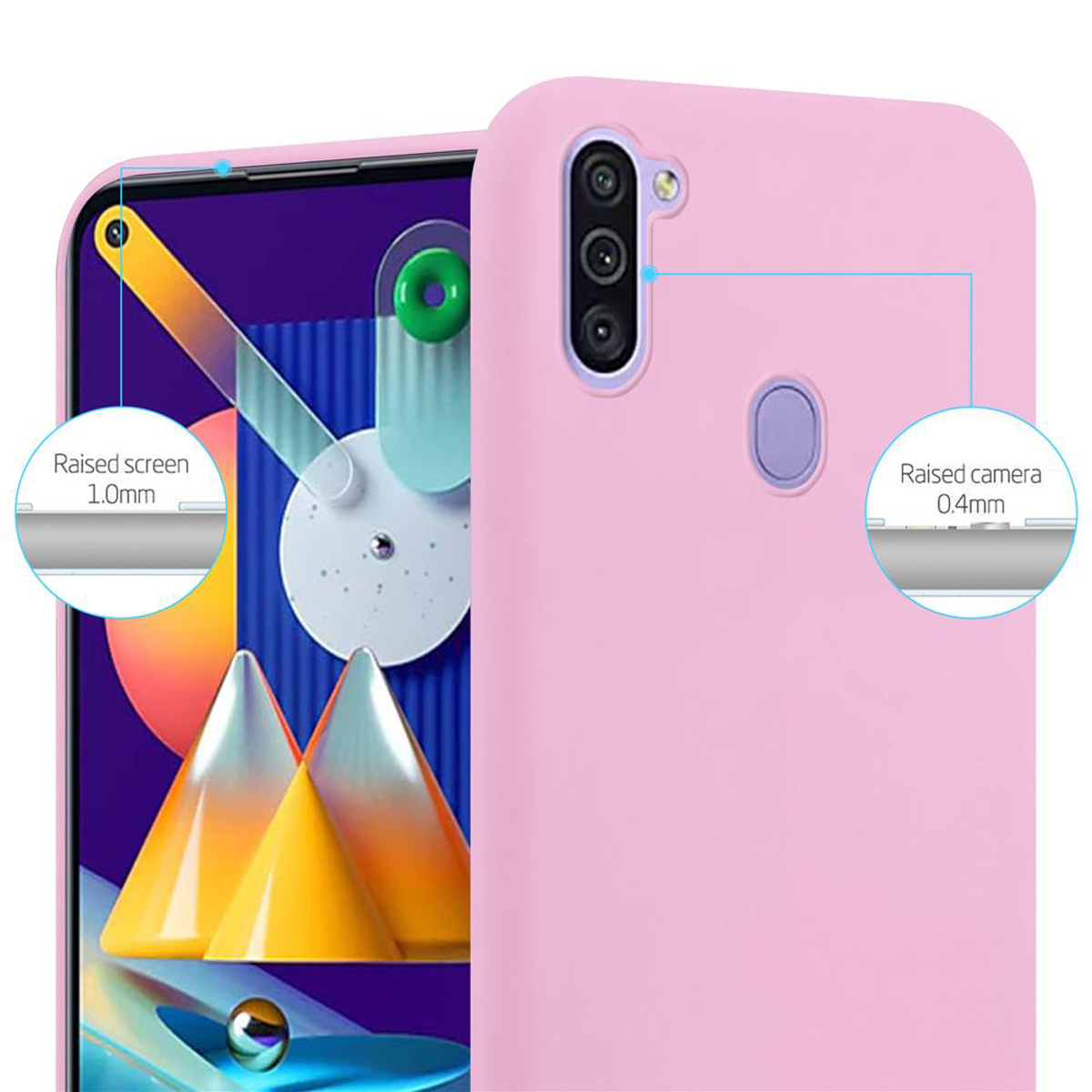 Una custodia per telefono rosa con dettagli dello schermo e della fotocamera rialzati. Le frecce indicano le aree rialzate.