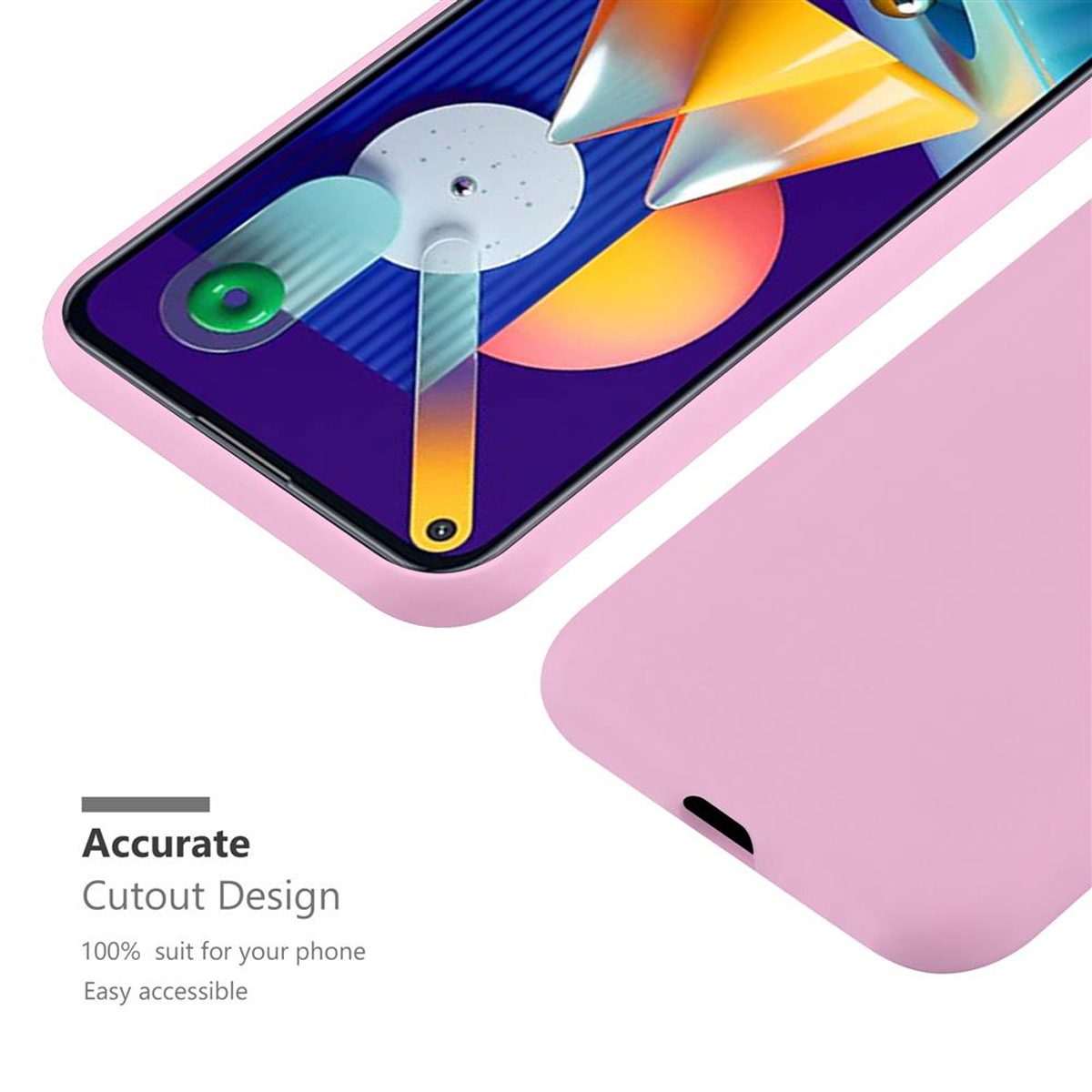 Custodia per telefono rosa con un telefono all'interno, con il testo 'Design preciso del ritaglio' e '100% adatto'.