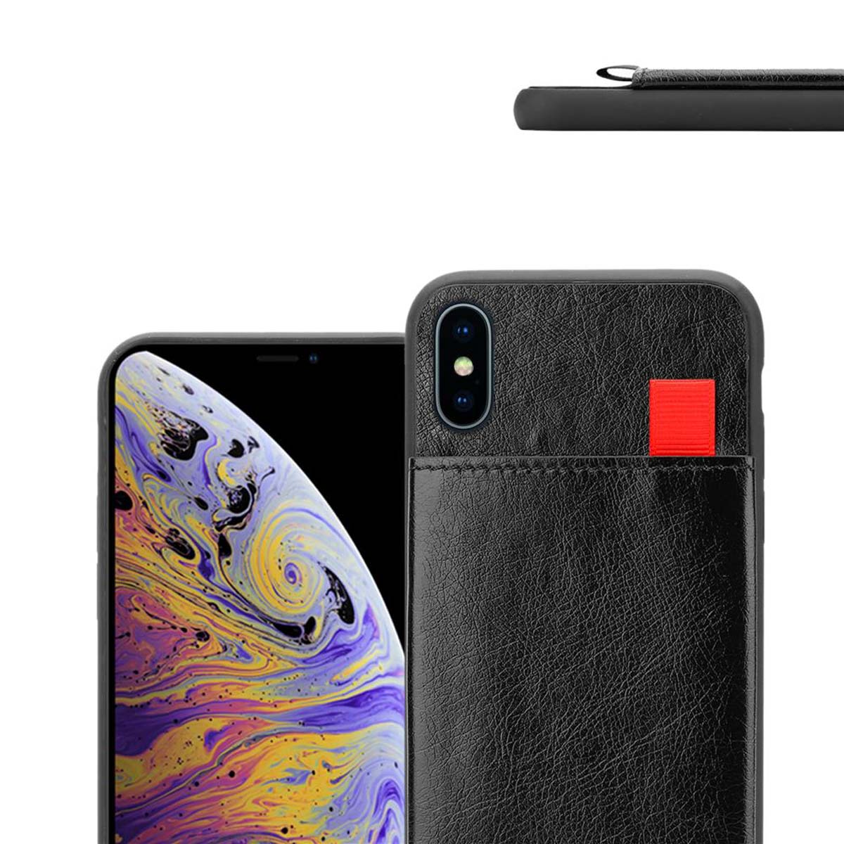 Schwarze Handyhülle mit rotem Streifen. Telefon mit schwarzem Bildschirm. Weißer Hintergrund.