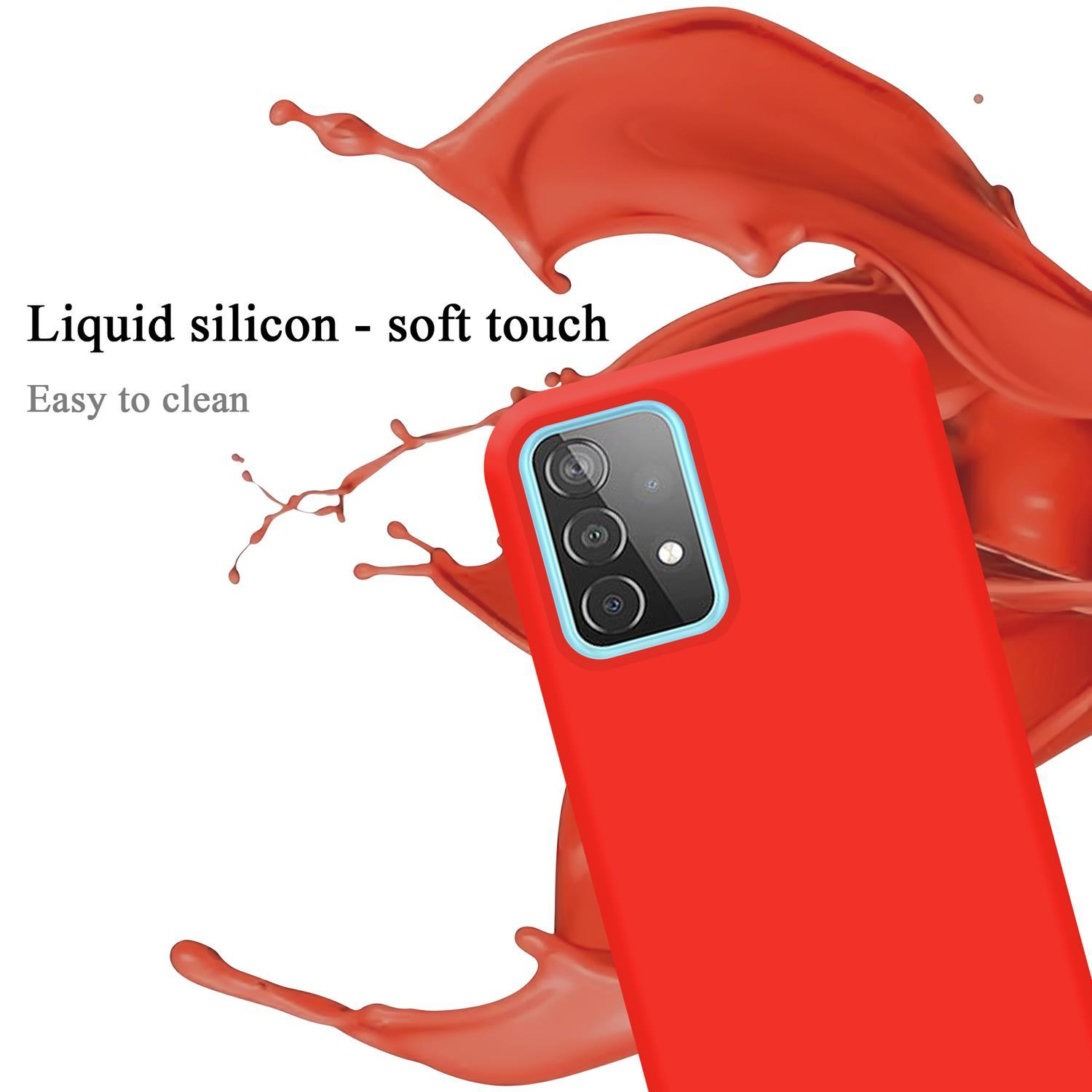 Nahaufnahme einer roten Handyhülle mit den Worten "Flüssigsilikon - Soft-Touch" und "Leicht zu reinigen".