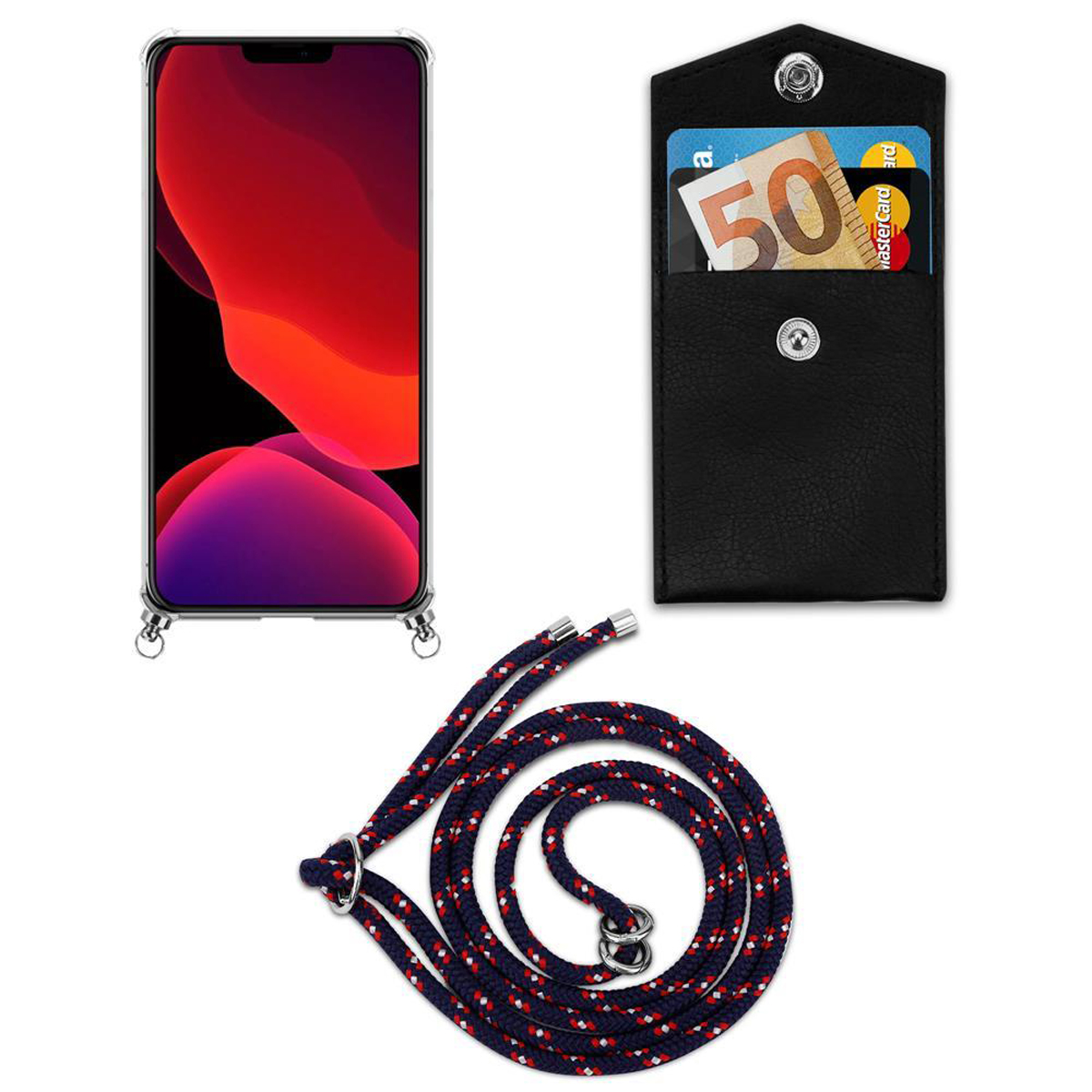Telefono con sfondo rosso e viola, portafoglio nero con banconota da 50 euro e corda rossa e blu.