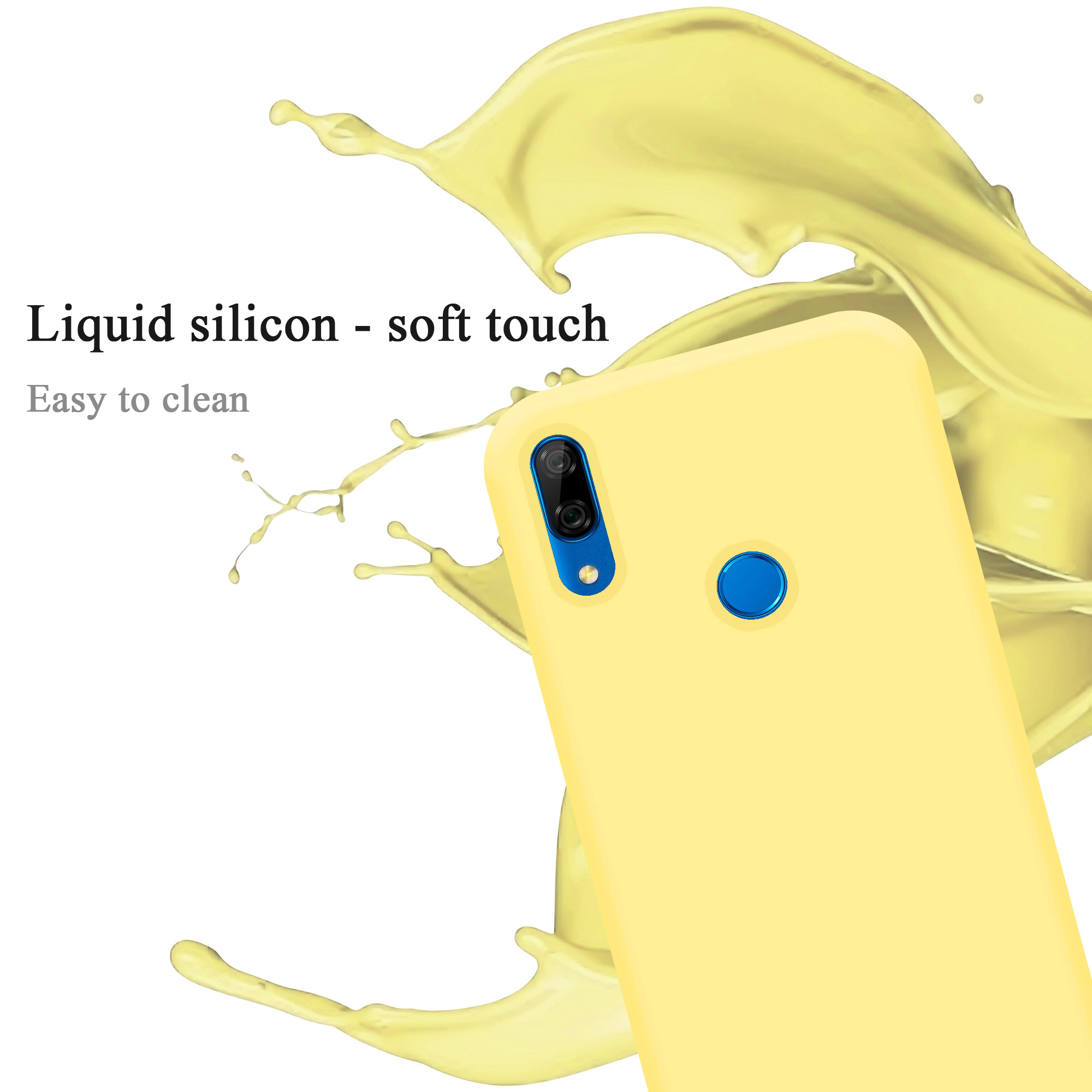 Gelbe Telefonhülle mit Telefon, Flüssigkeitsspritzer. Text: 'Liquid silicon - soft touch'.