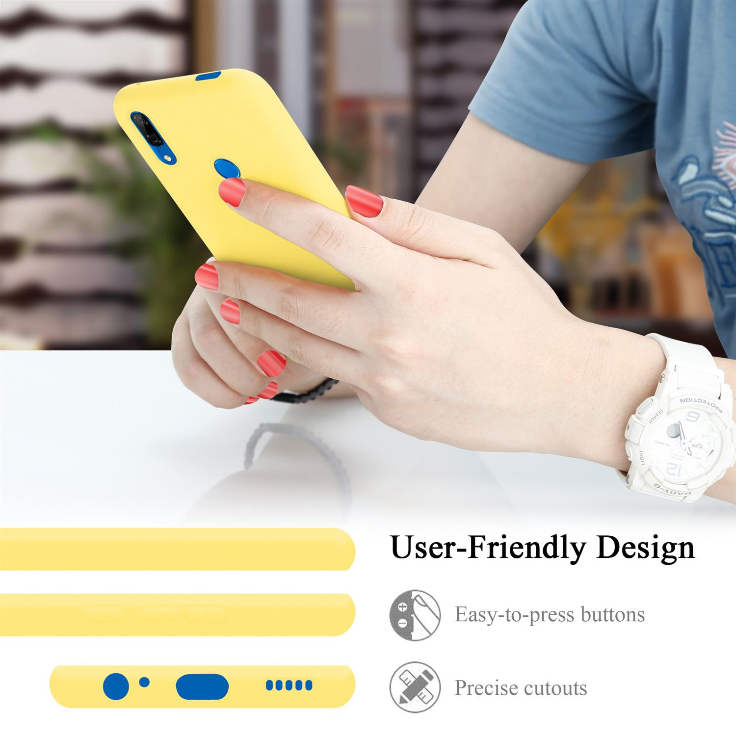 Eine Person hält ein gelbes Telefon, mit benutzerfreundlichem Design-Text und Symbolen. Unterseite gezeigt.