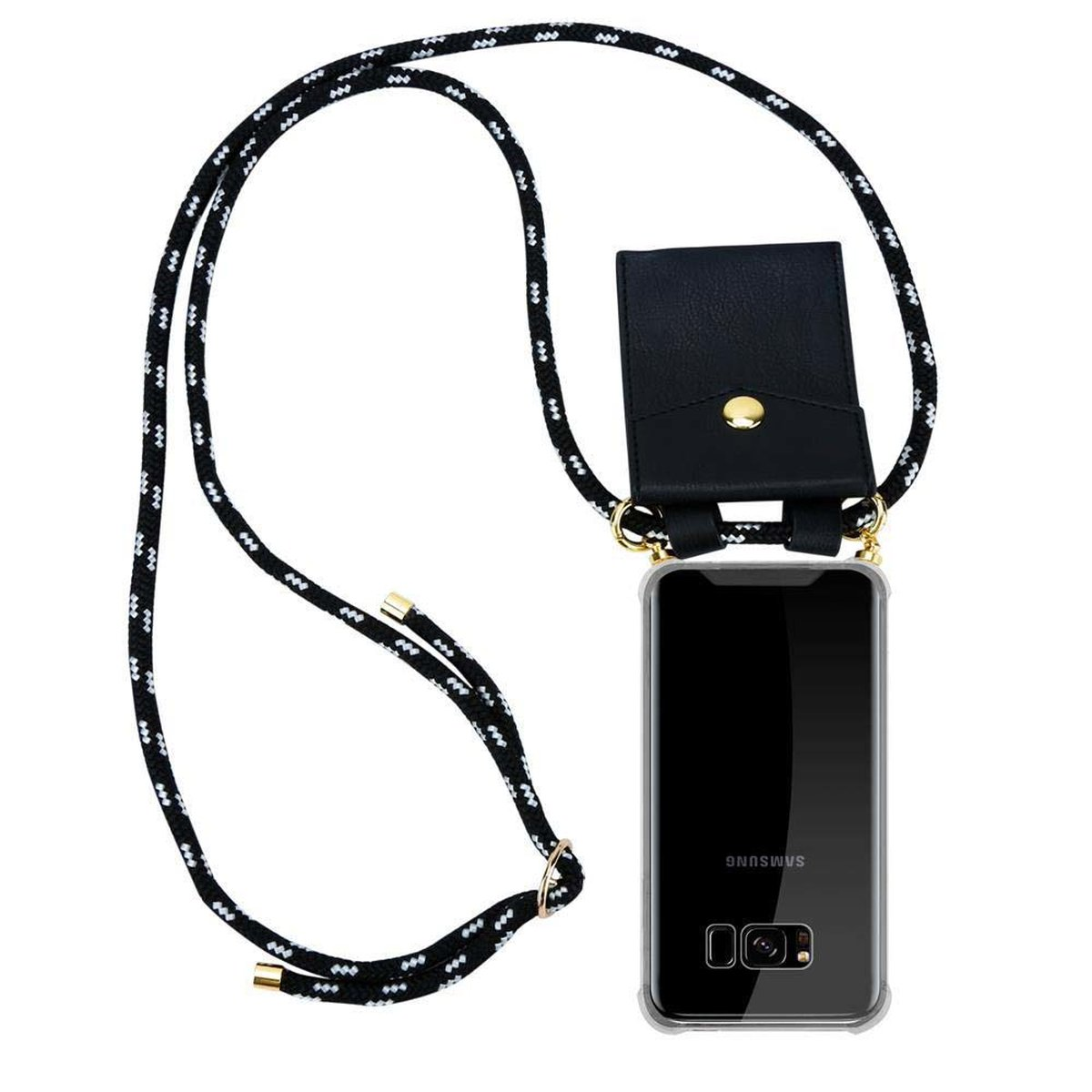 Telefono con custodia trasparente, un cinturino in corda bianco e nero e una piccola custodia nera.