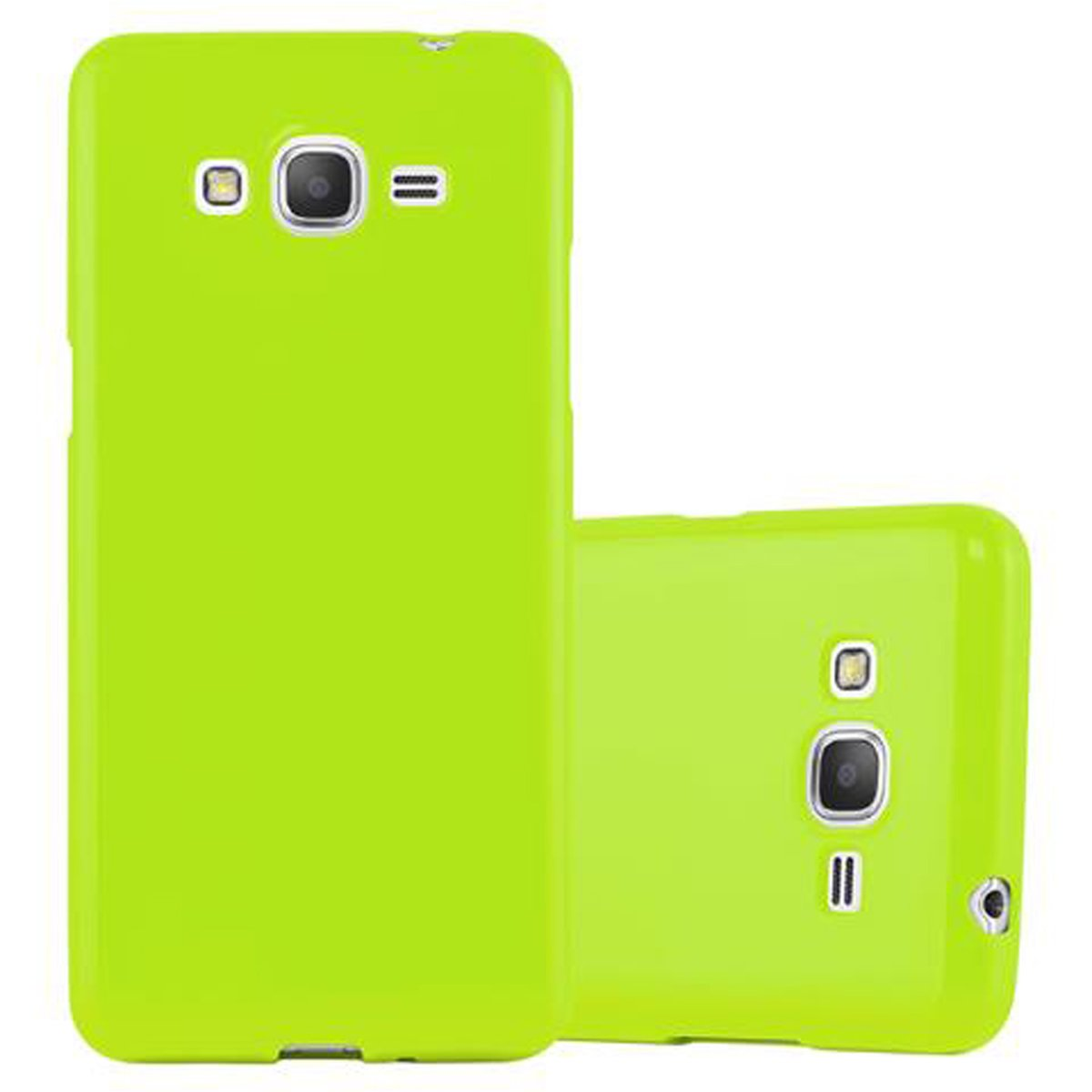Dos fundas verdes para teléfono. Una en posición vertical, la otra tumbada de espaldas.