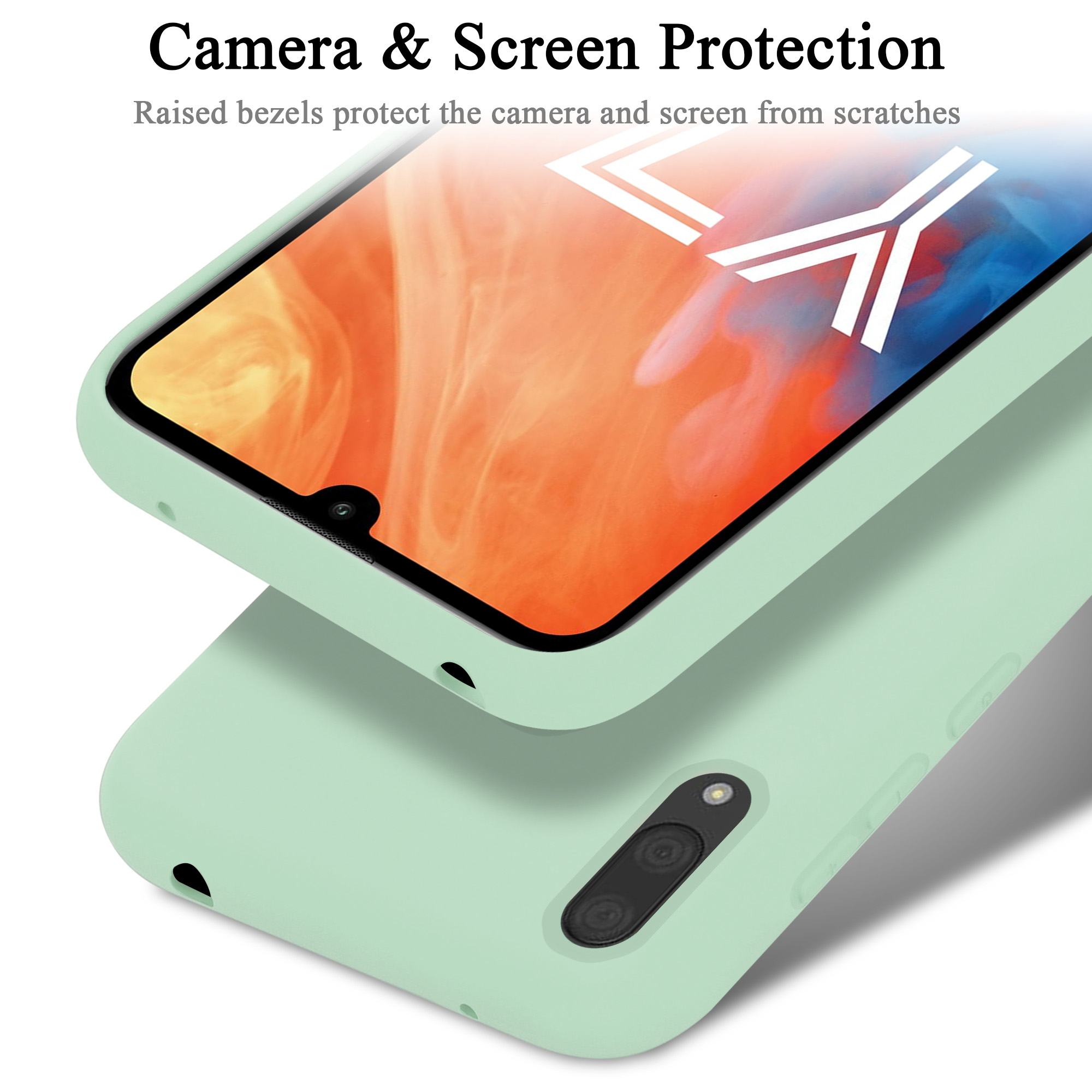 Nahaufnahme einer mintgrünen Handyhülle, die ein Telefon schützt, wobei der Bildschirm sichtbar ist.