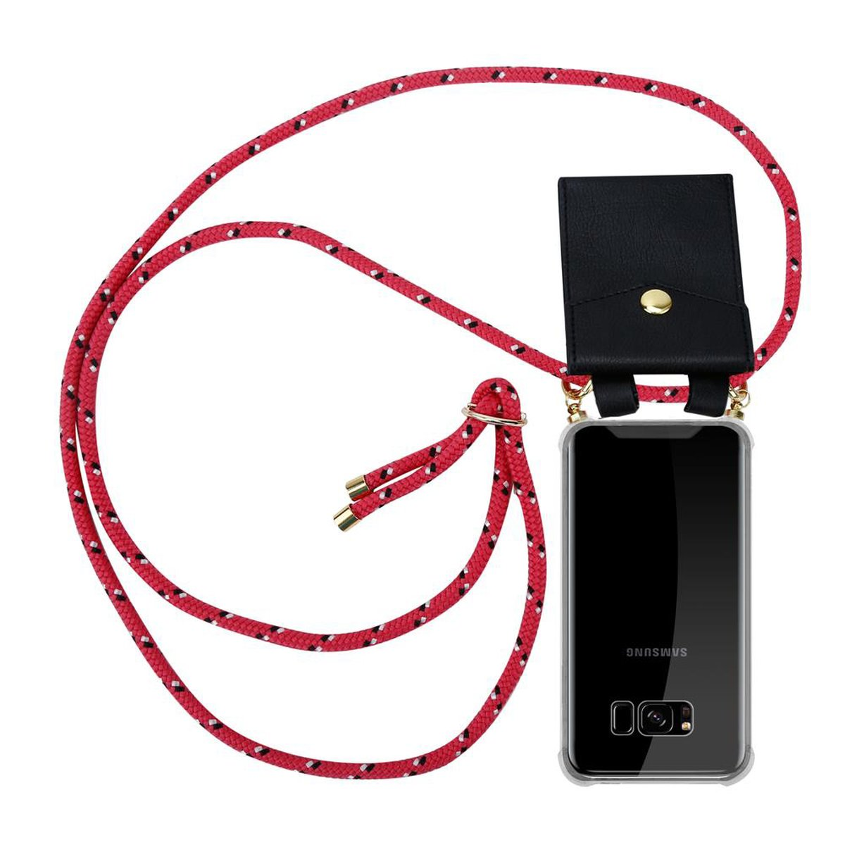 Custodia per telefono con cinturino rosso, custodia in pelle nera e telefono. Sfondo bianco.